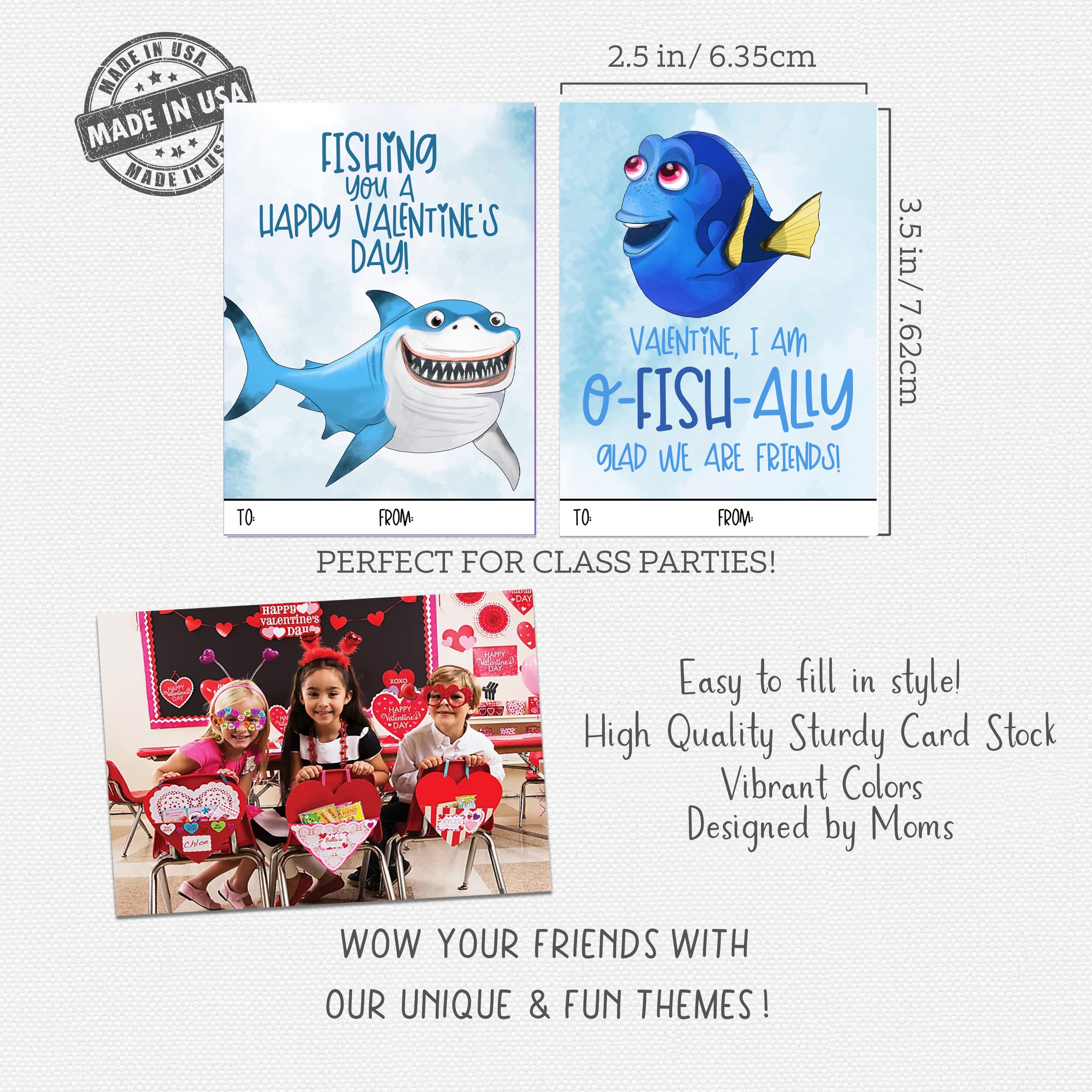 Two customizable Valentine's Day fish-themed class party favor cards shown with dimensions, a 'Made in USA' stamp, and a photo of children holding the cards in a classroom setting.