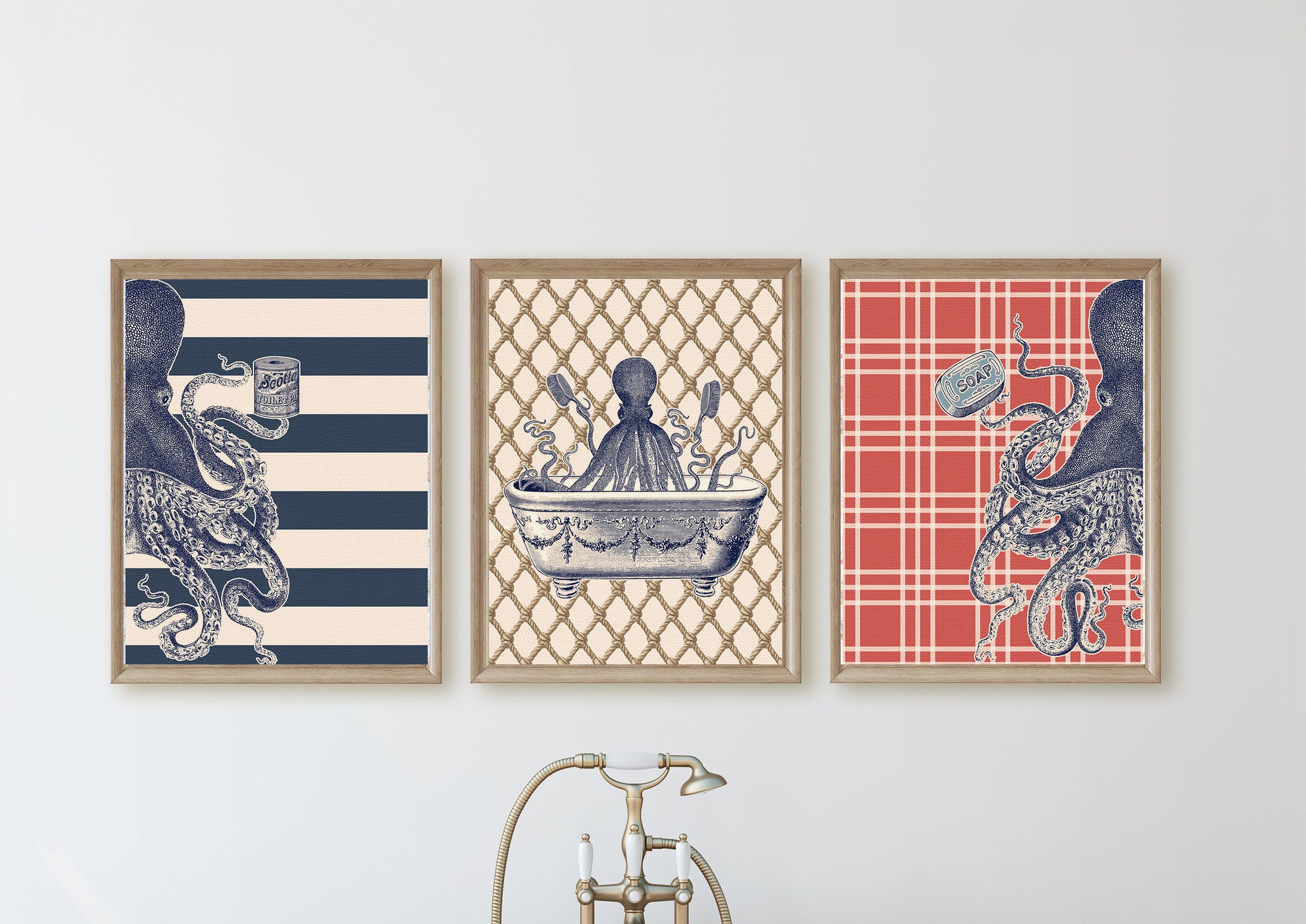 Three framed artworks with octopus designs on a white wall.
