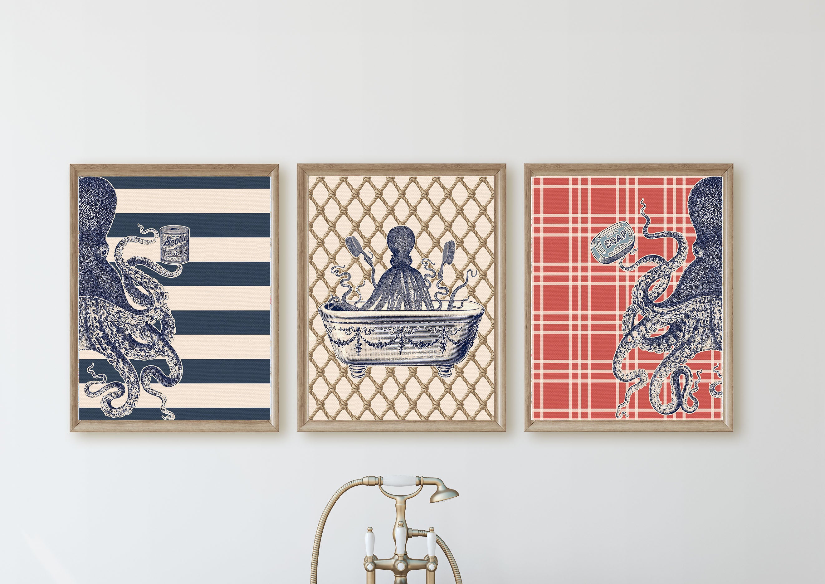 Three framed artworks with octopus designs on a white wall.