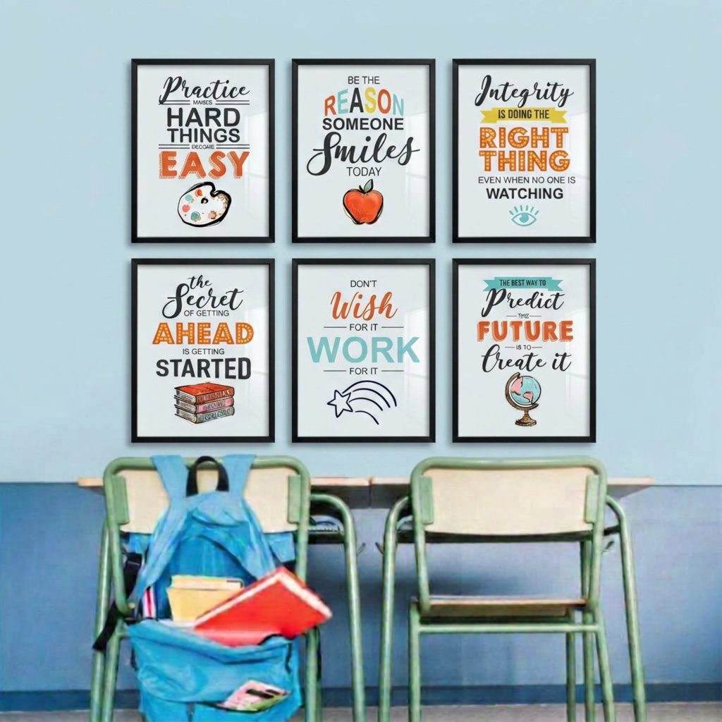 Six framed motivational school-themed wall art prints are displayed on a light blue wall above two green school chairs with a blue backpack, suggesting a classroom setting.