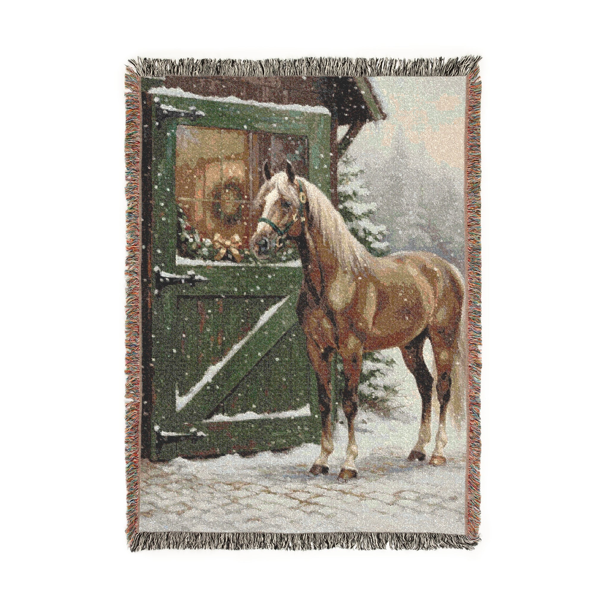 Old World Heritage Style, Christmas Winter Horse in Oil Painting - Woven Blanket