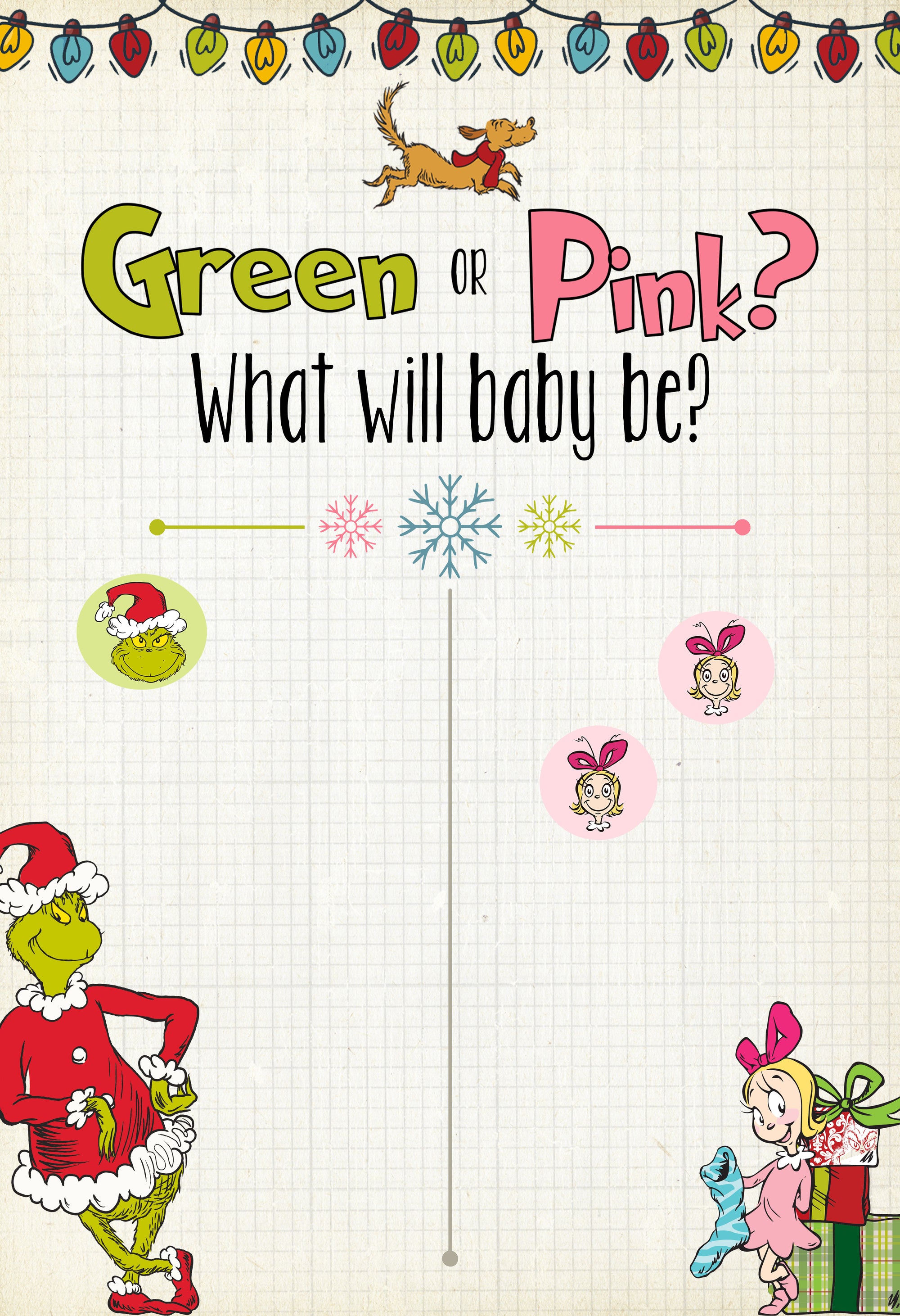Gender reveal party invitation with cartoon characters and question 'Green or Pink? What will baby be?'