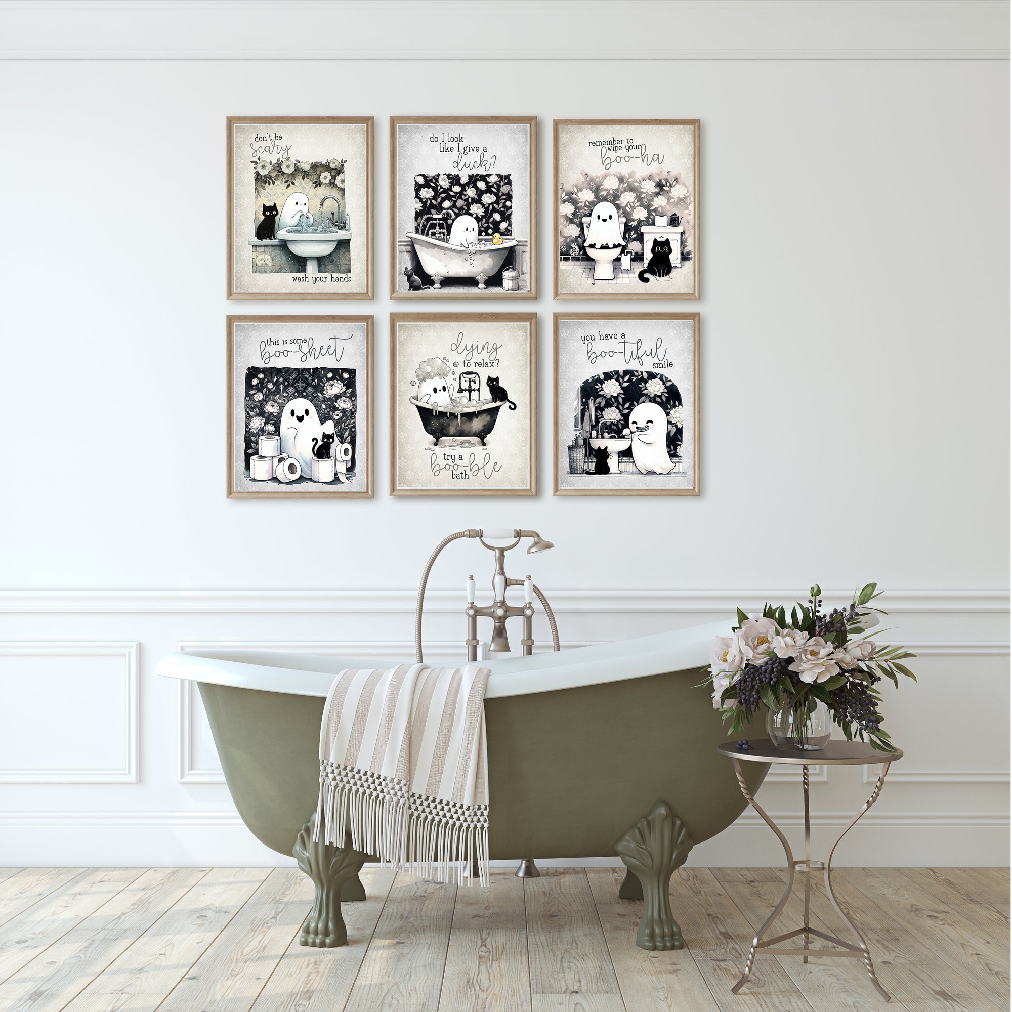 Darling Ghost and Black Cat Bathroom Wall Art Prints Set of 6, 8x10 Inches, Floral Grey Black and White