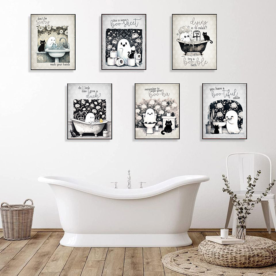 Darling Ghost and Black Cat Bathroom Wall Art Prints Set of 6, 8x10 Inches, Floral Grey Black and White