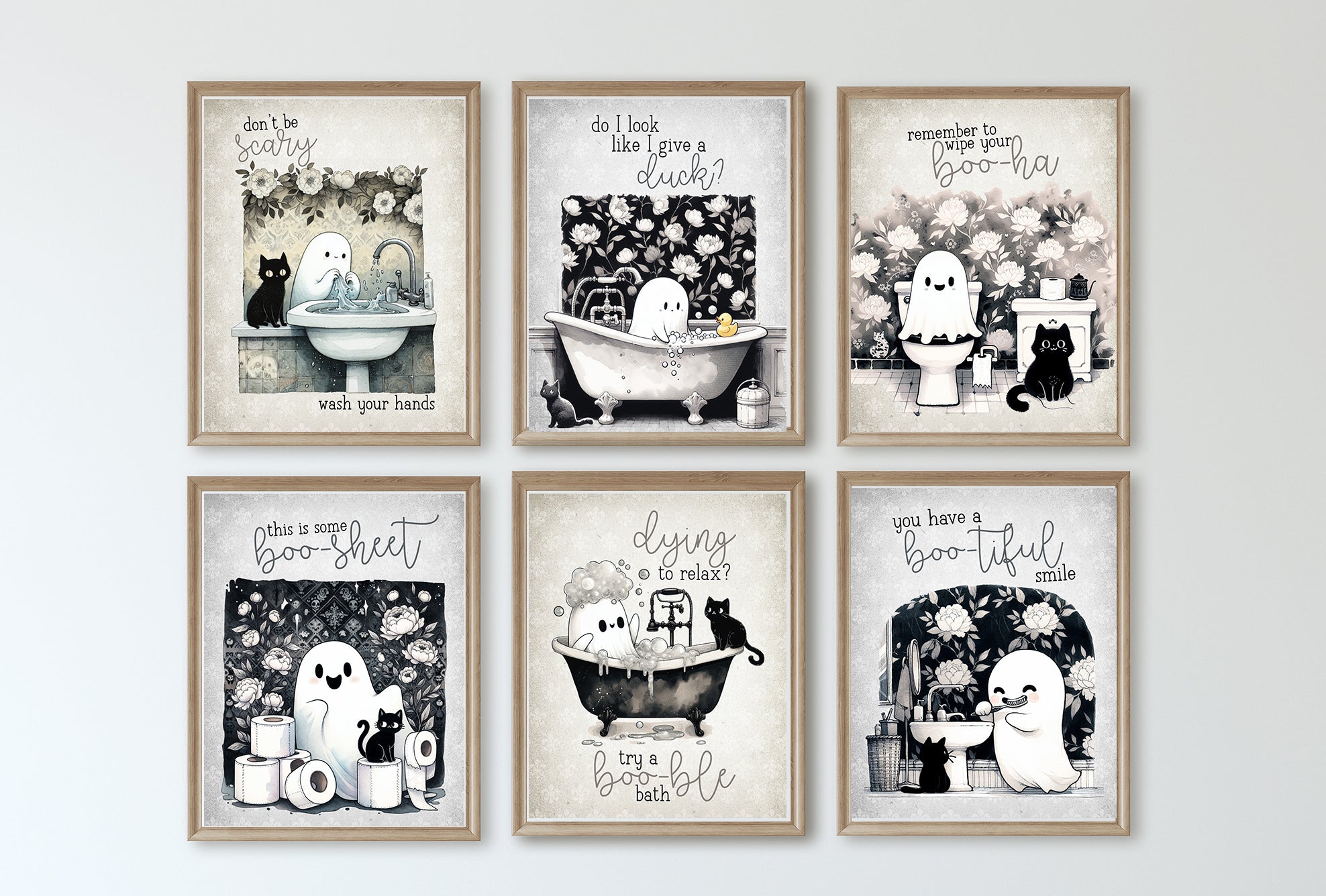 Darling Ghost and Black Cat Bathroom Wall Art Prints Set of 6, 8x10 Inches, Floral Grey Black and White