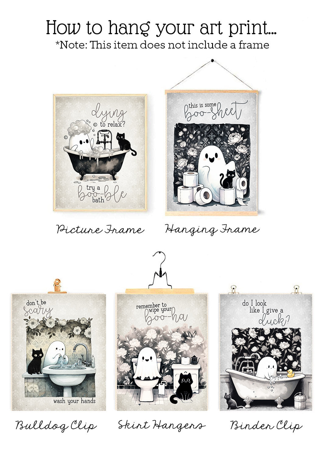 Darling Ghost and Black Cat Bathroom Wall Art Prints Set of 6, 8x10 Inches, Floral Grey Black and White