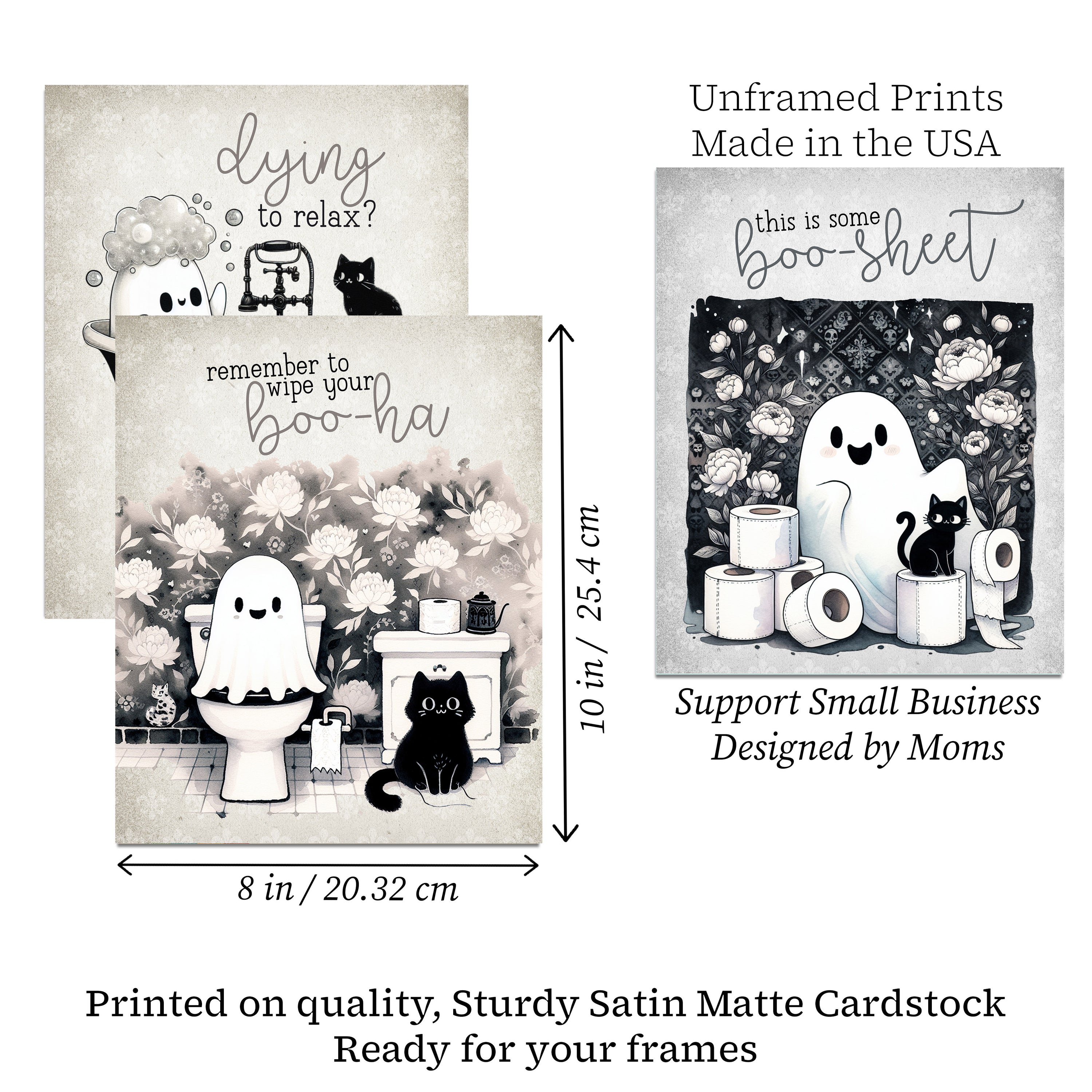 Darling Ghost and Black Cat Bathroom Wall Art Prints Set of 6, 8x10 Inches, Floral Grey Black and White