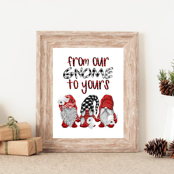Framed artwork with gnomes and text 'From our gnome to yours' on a white background.