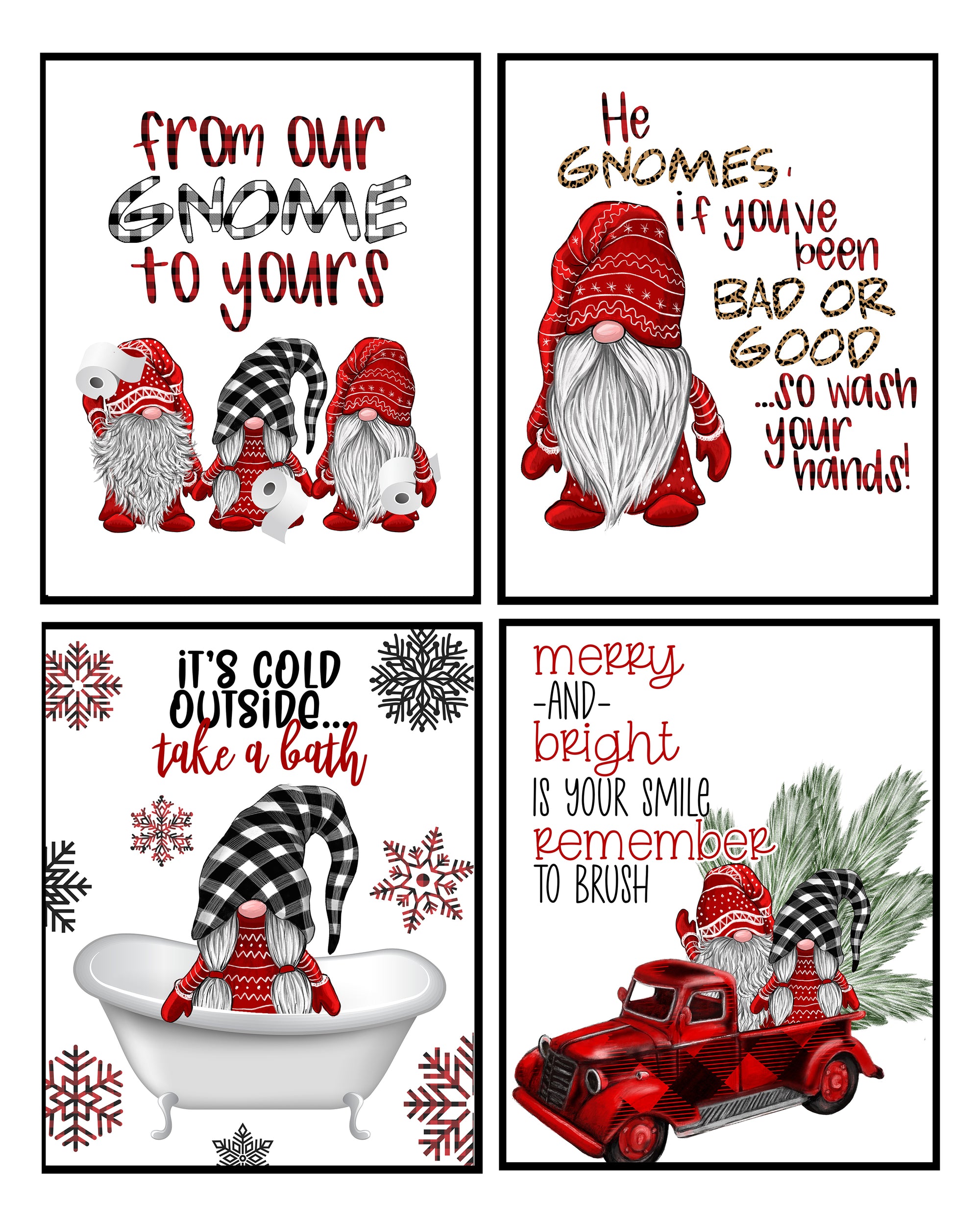 Set of four Christmas-themed prints with gnomes and humorous sayings.