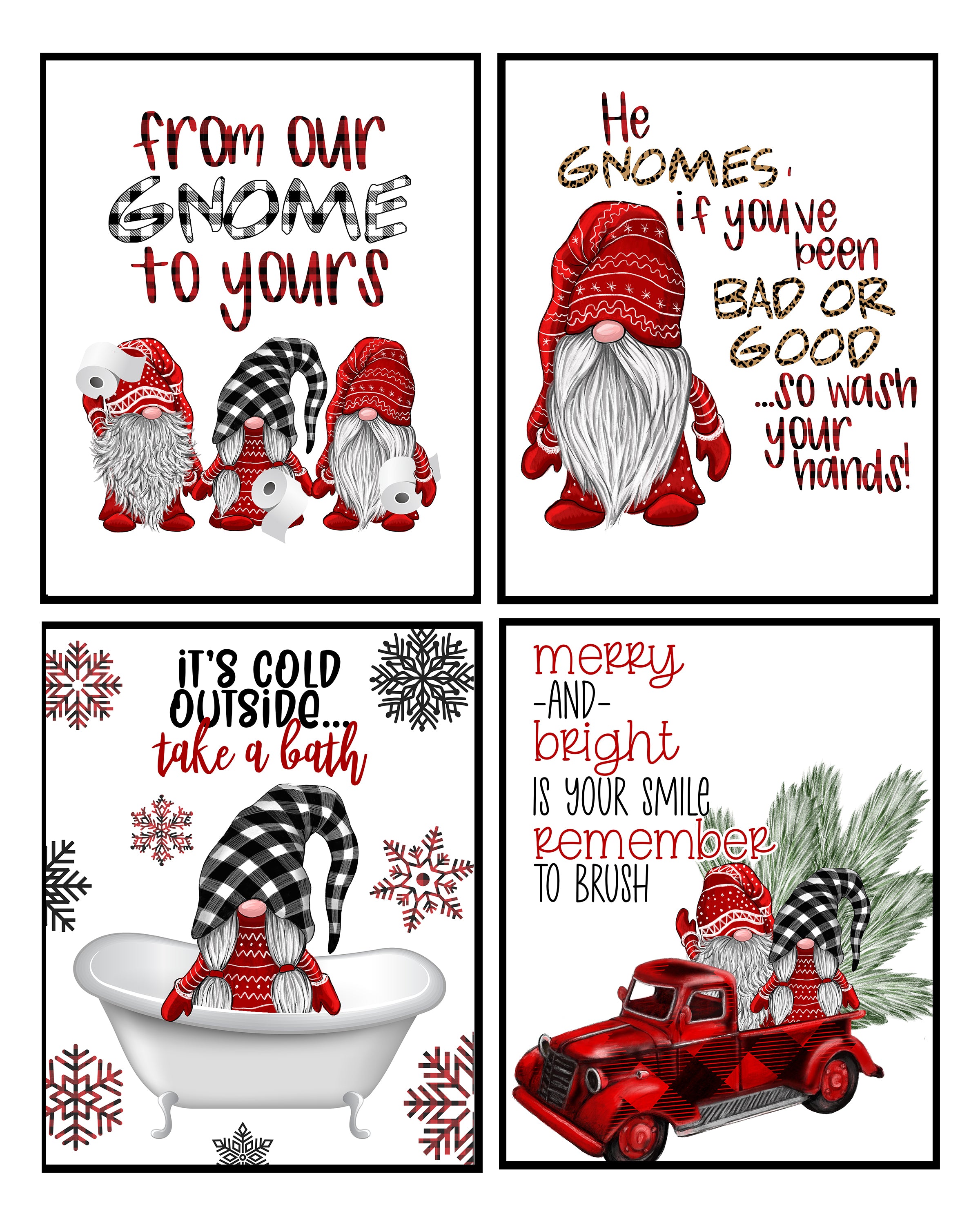 Set of four Christmas-themed prints with gnomes and humorous sayings.