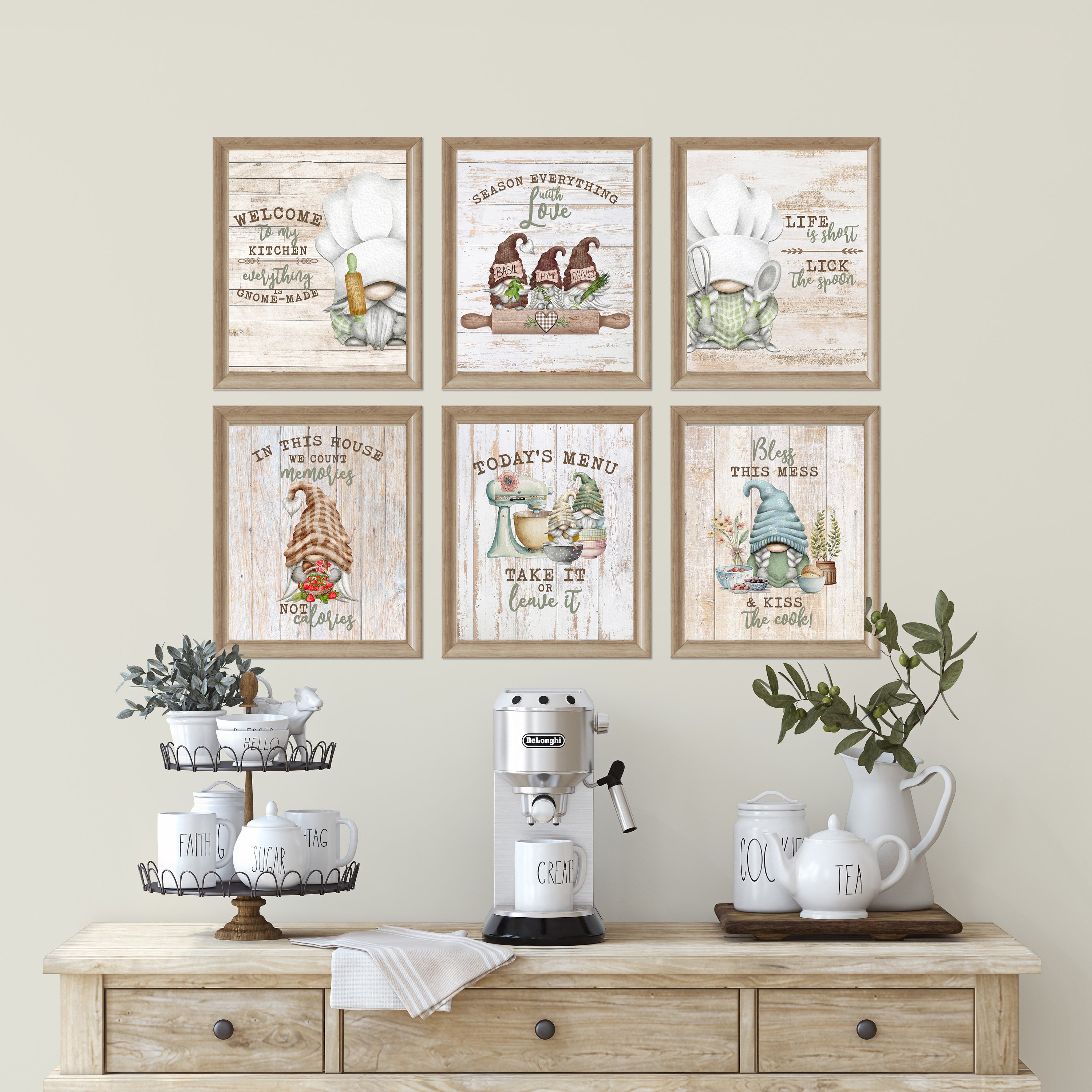 Set of 6 farmhouse gnome kitchen wall art prints in wooden frames featuring funny cooking quotes including Gnome-Made, Season Everything with Love and Lick the Spoon