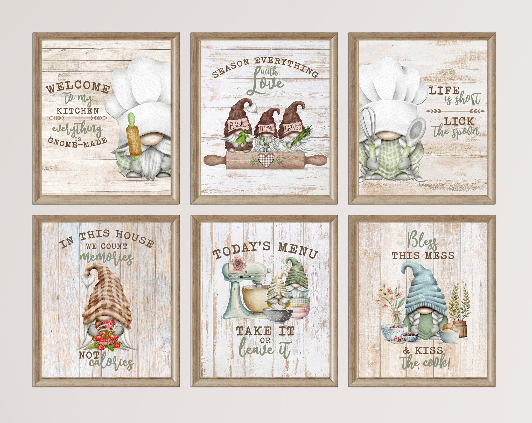 Gnome Kitchen Wall Art Prints Set of 6 — Funny Farmhouse Kitchen Decor 8x10