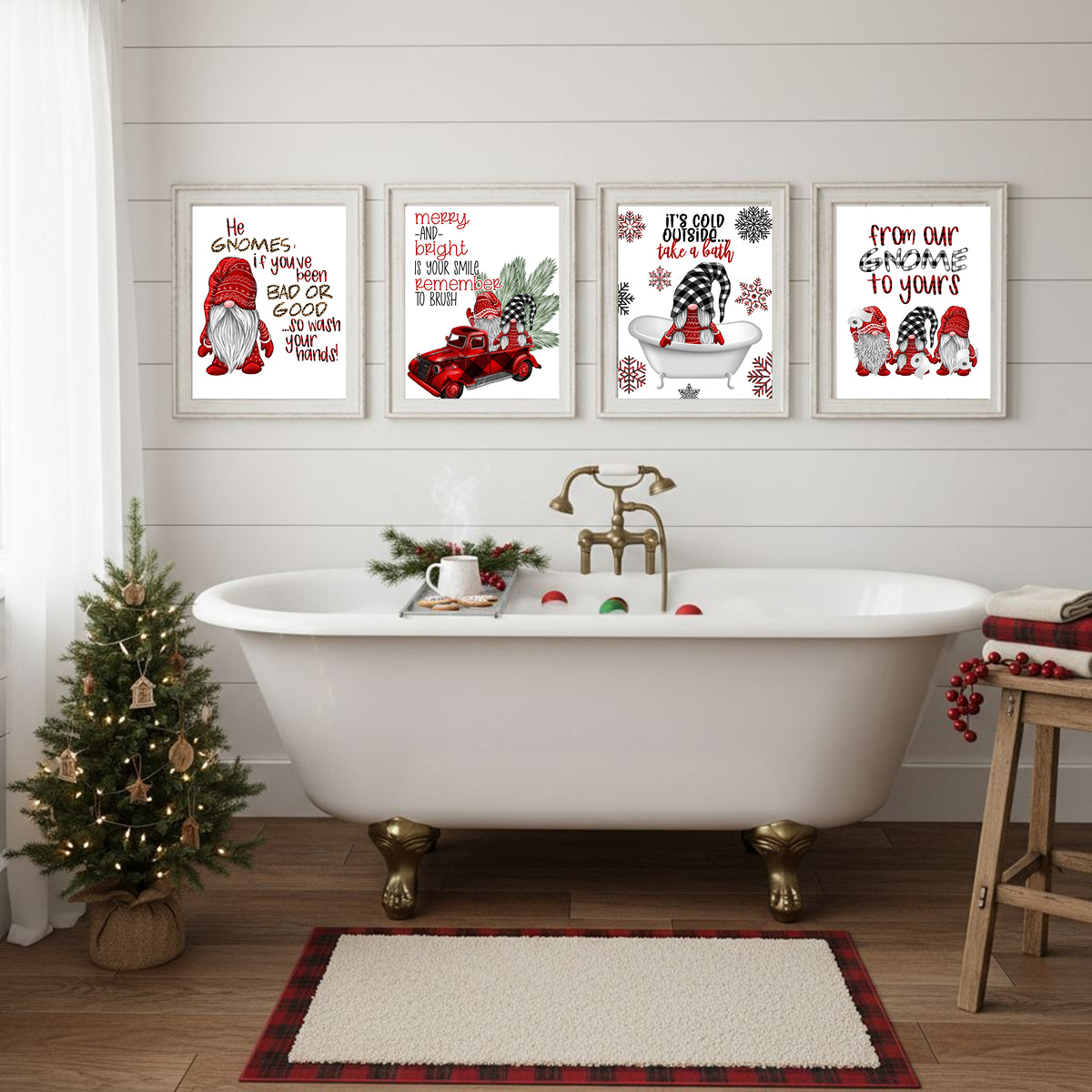 Bathroom with Christmas decorations, including a bathtub, tree, and framed prints.