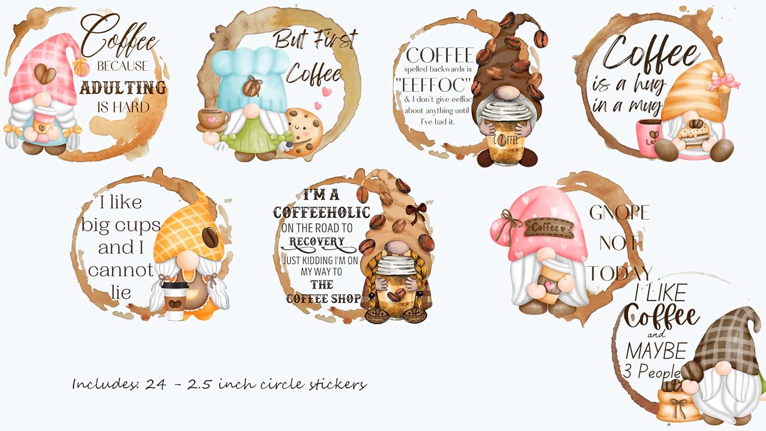 Coffee Gnome - Stickers for Party, Notebook, Laptop, Crafts, Cup (Set of 24)