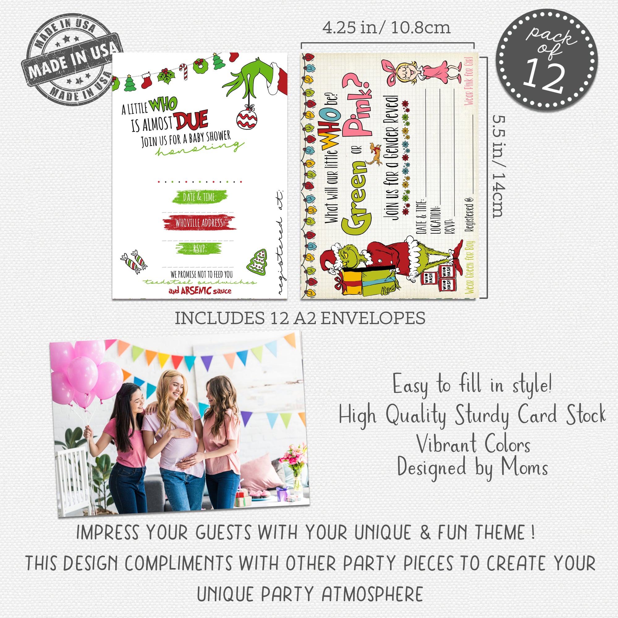 A Little Who Is Almost Due - Themed Holiday Christmas Baby Shower Invitation Set