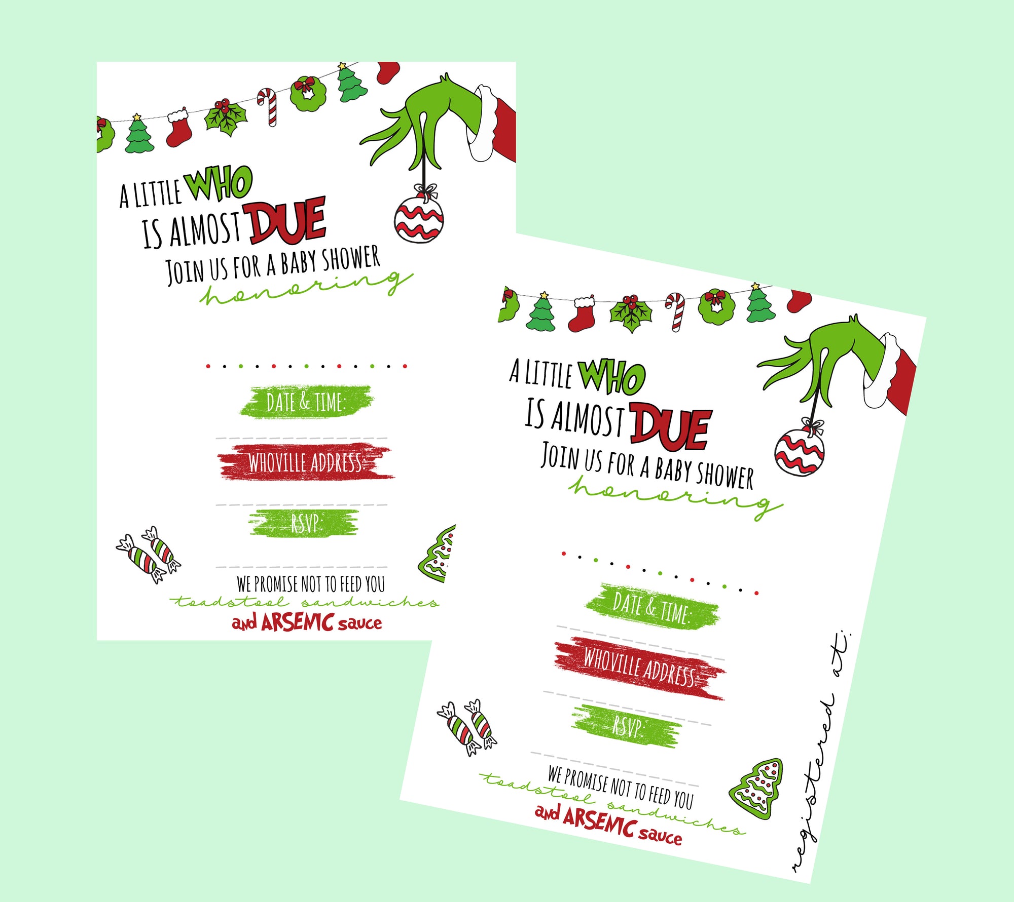 Two baby shower invitations with Grinch-themed design on a light green background