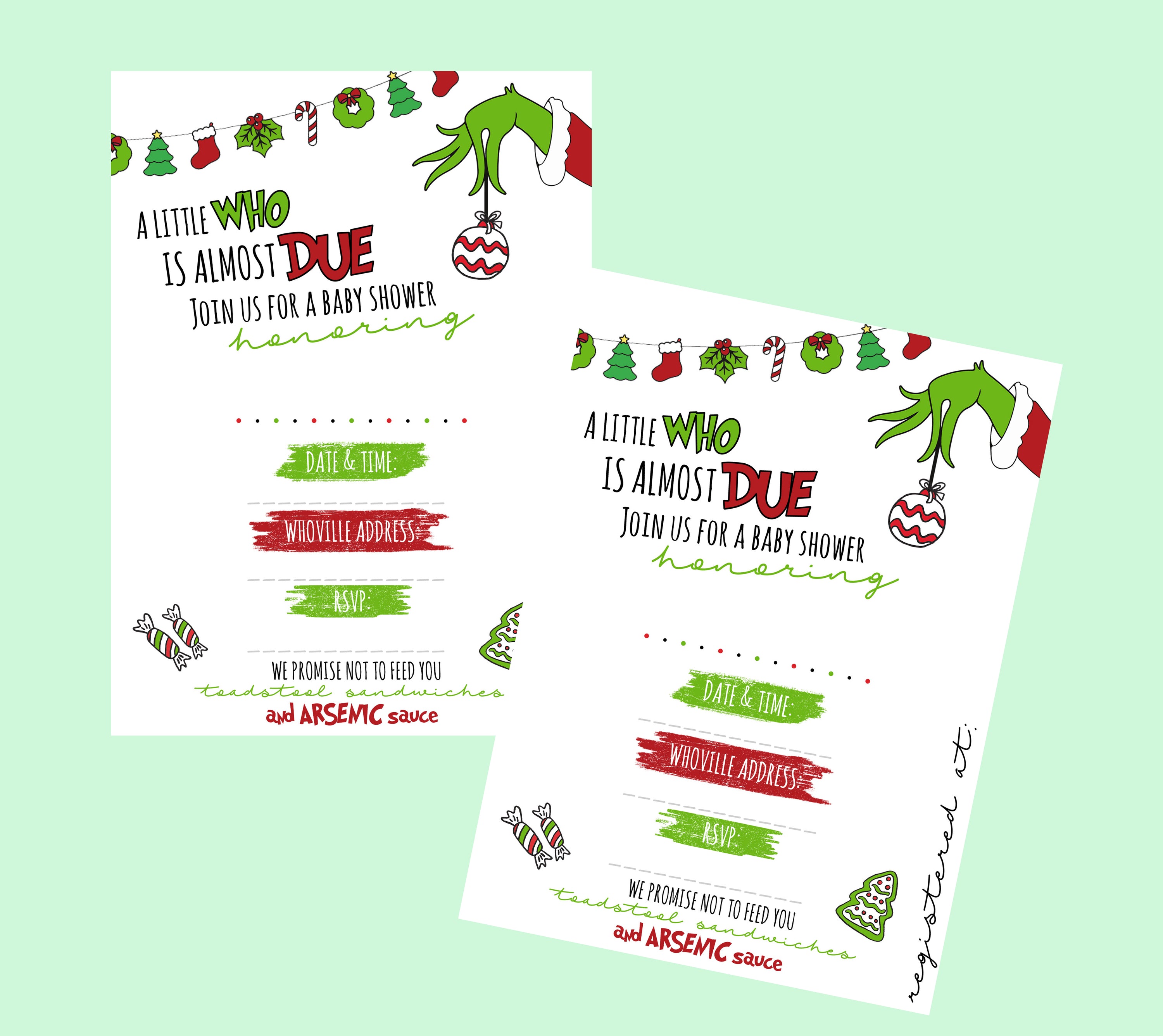 Two baby shower invitations with Grinch-themed design on a light green background