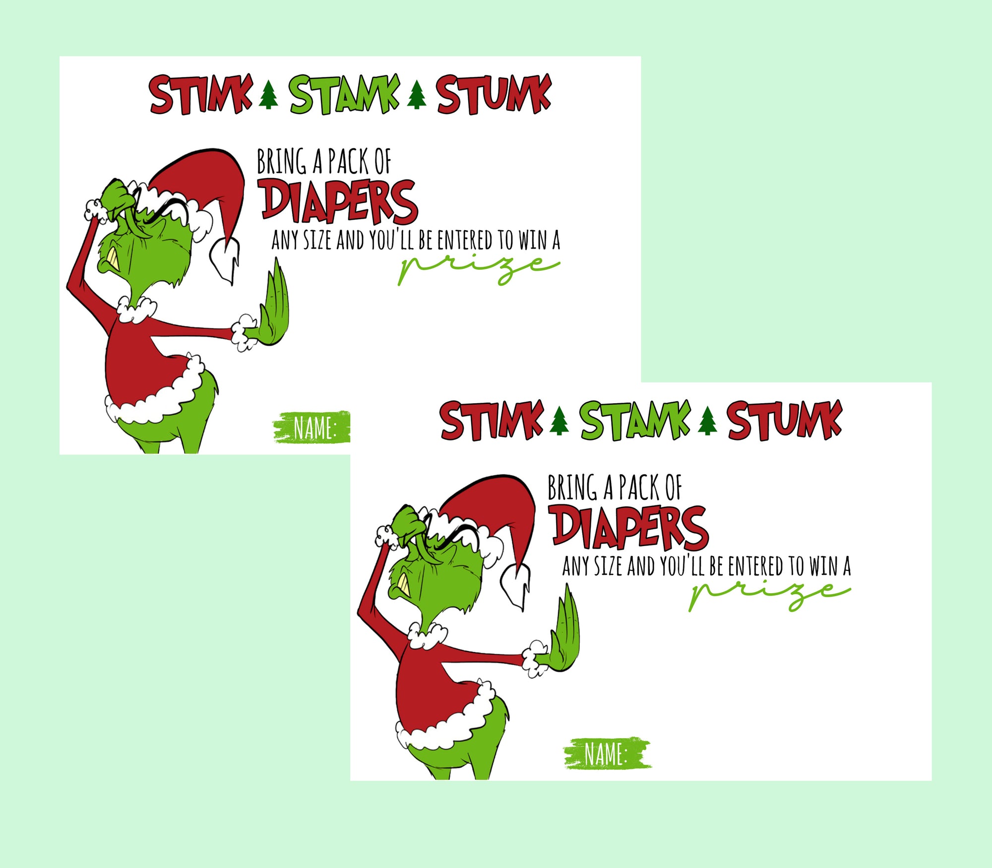 Two promotional cards featuring a cartoon character with text on a light green background