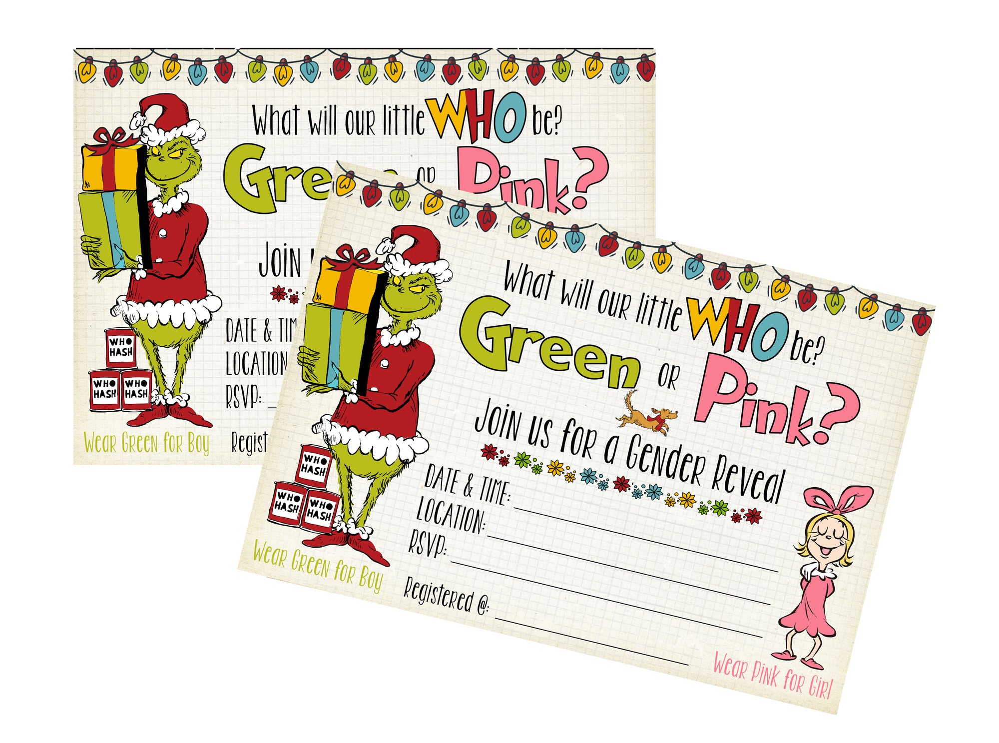 Gender reveal party invitations with Dr. Seuss-themed graphics on a white background.