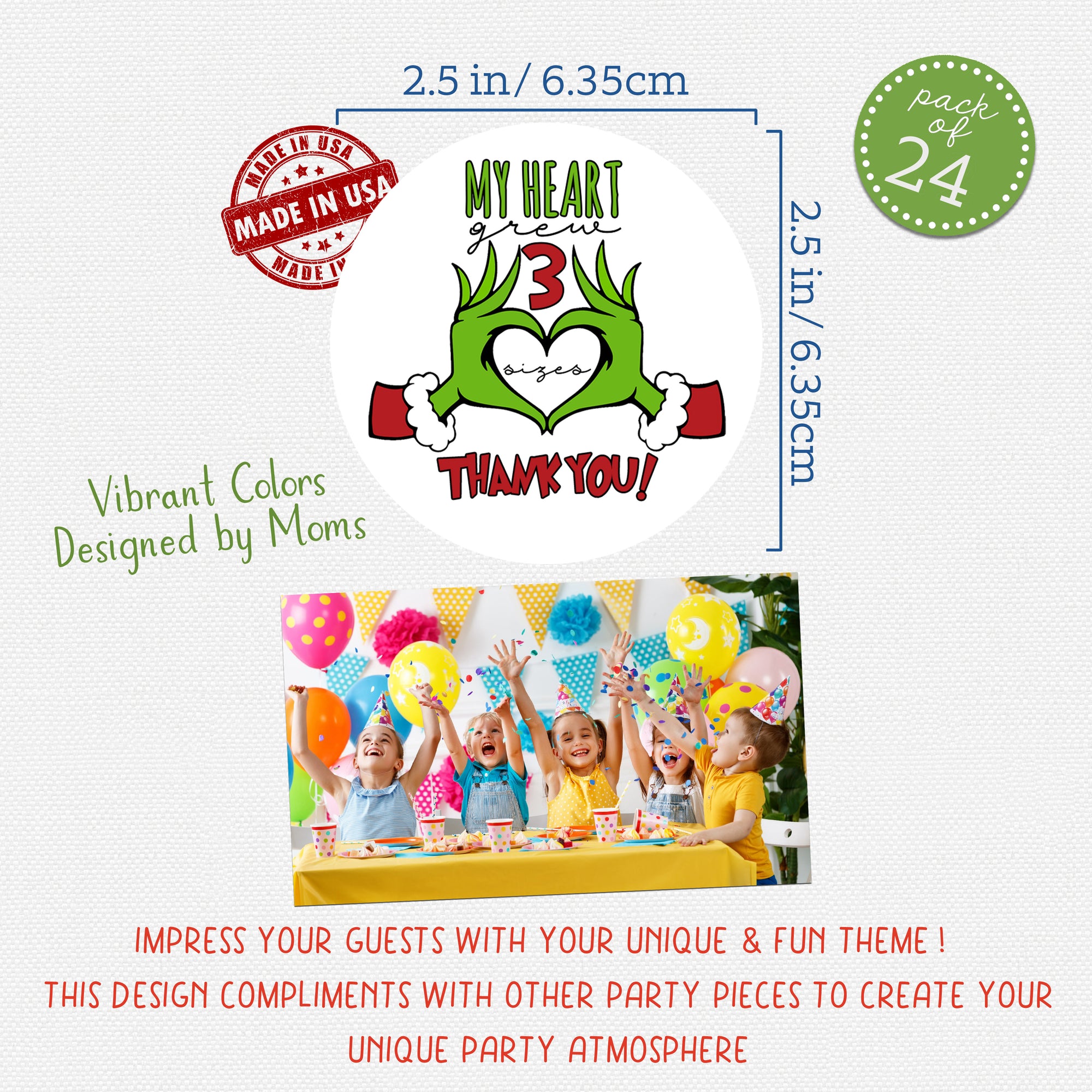 My Heart Grew Three Sizes Christmas Movie Character Themed Thank You Party Sticker Favors Includes 24 Circle Labels