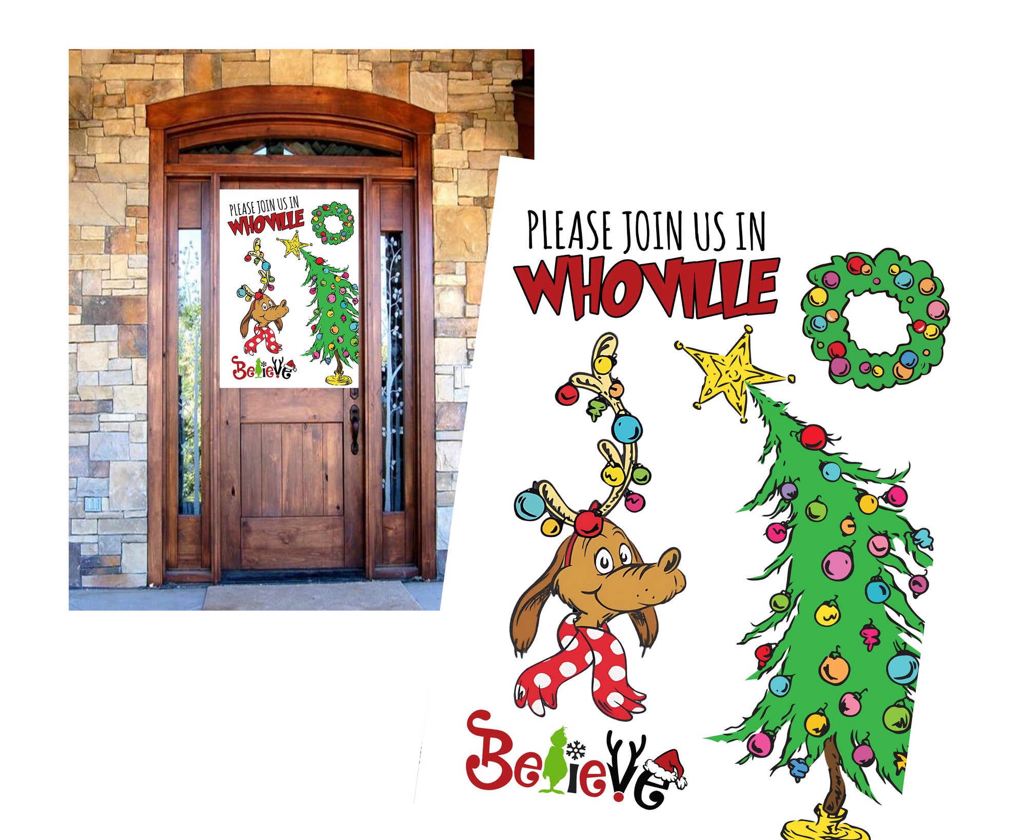 Decorative door with 'Please Join Us in Whoville' sign featuring a Christmas tree and cartoon dog.
