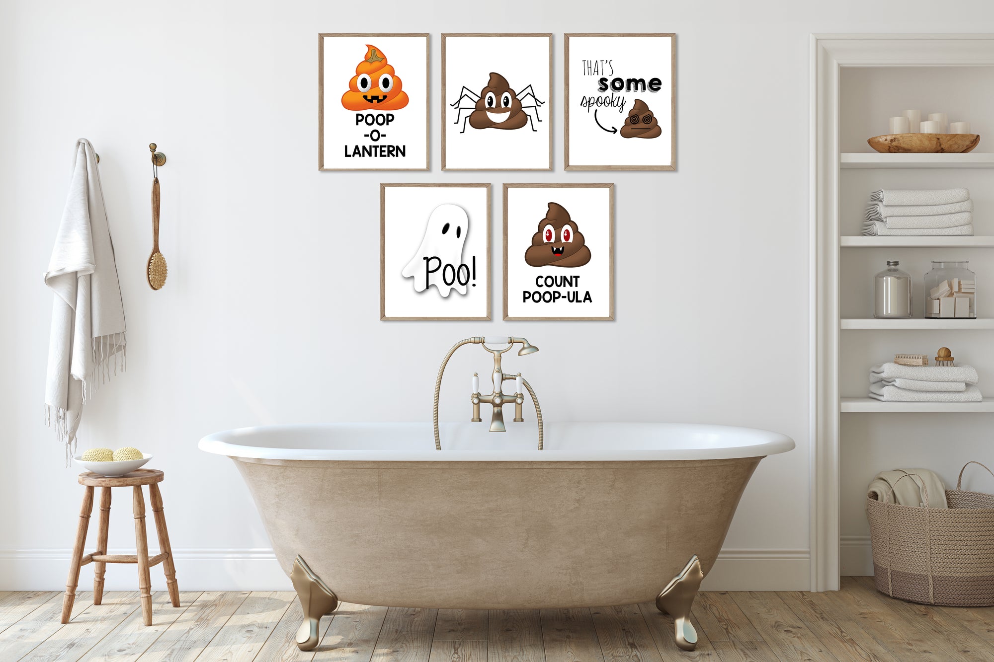 Funny Halloween Poop Emoji Themed Bathroom Wall Art Print Decor (Set of 5) 8X10