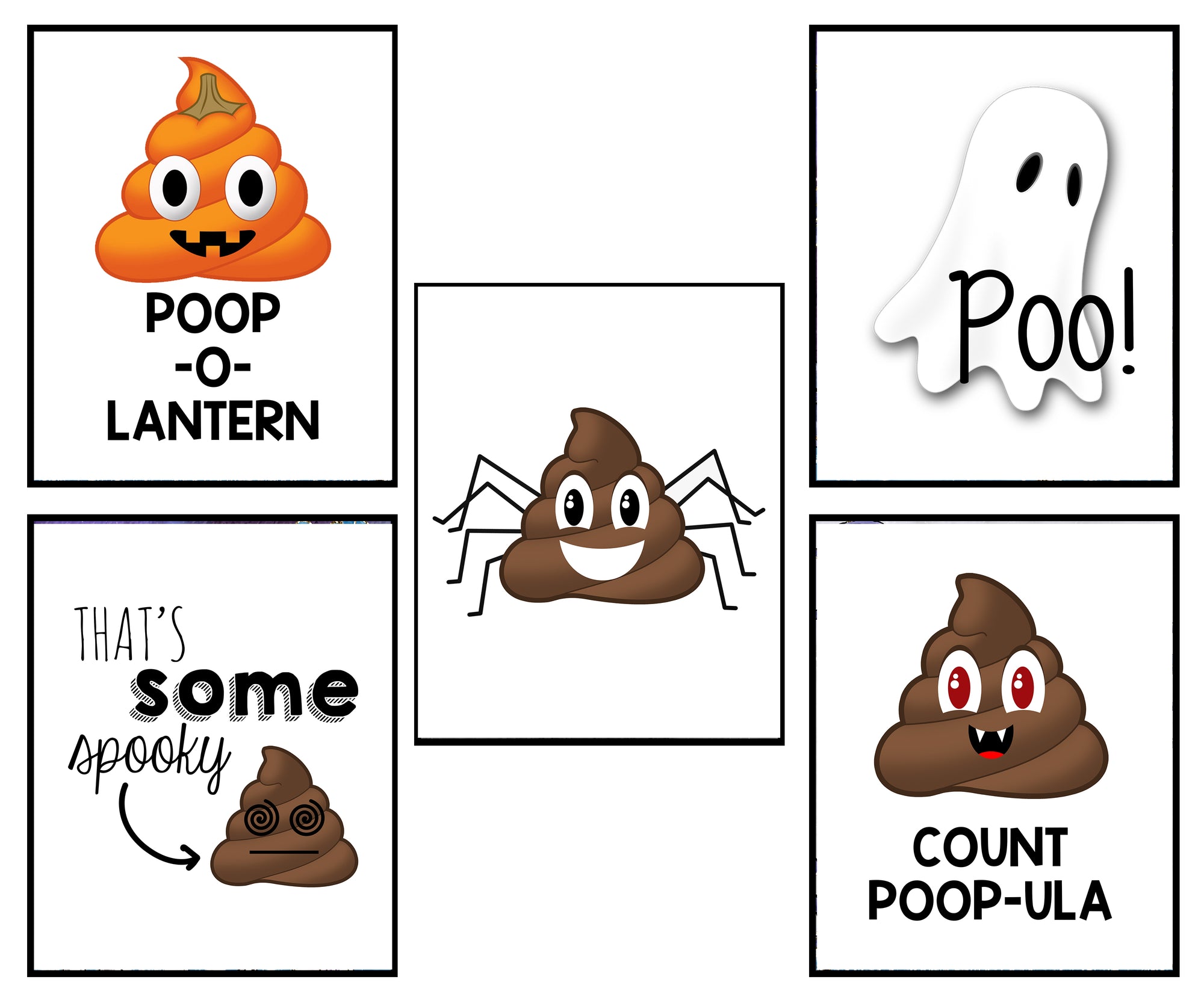 Funny Halloween Poop Emoji Themed Bathroom Wall Art Print Decor (Set of 5) 8X10