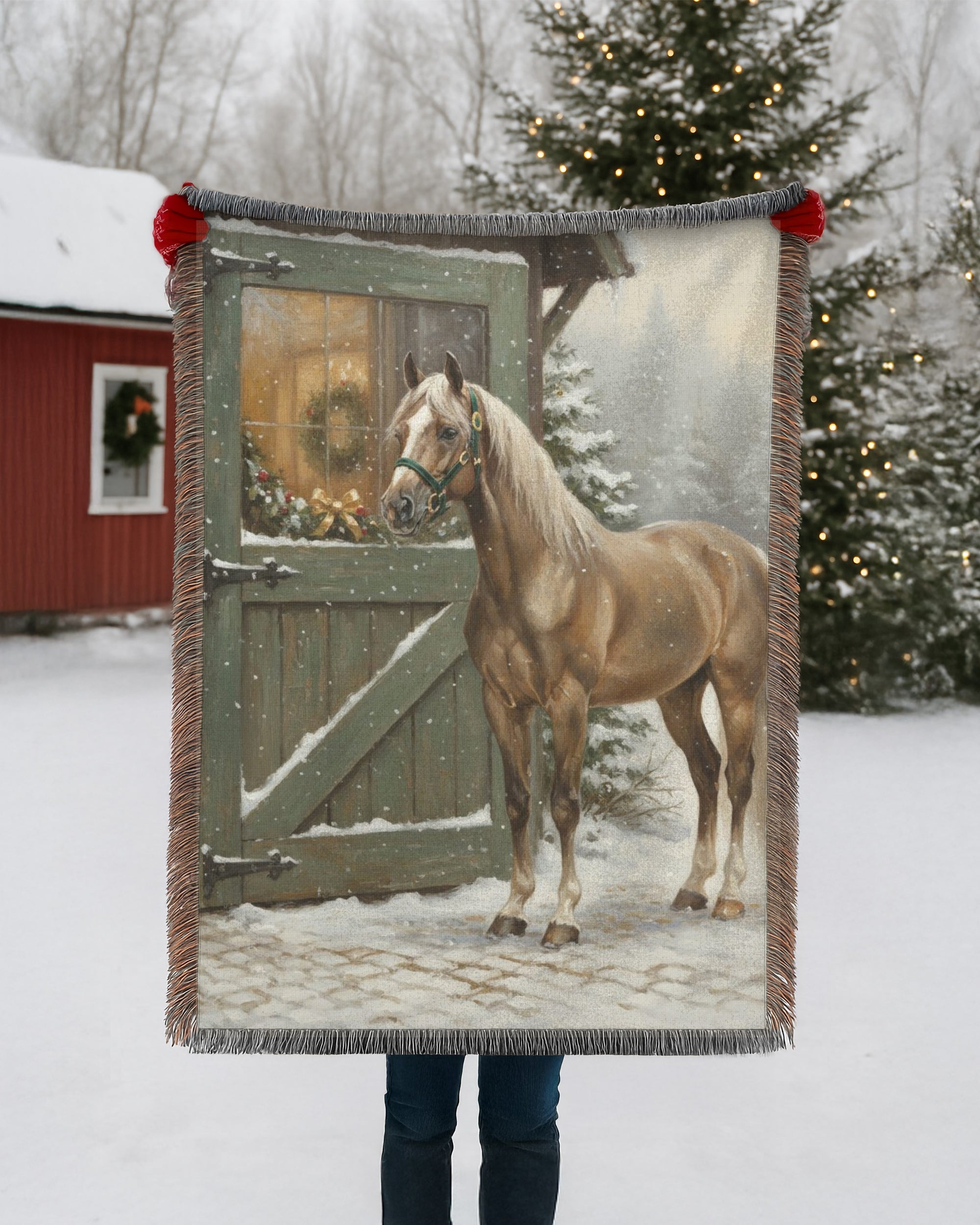 Blanket with a horse design held by a person in a snowy landscape