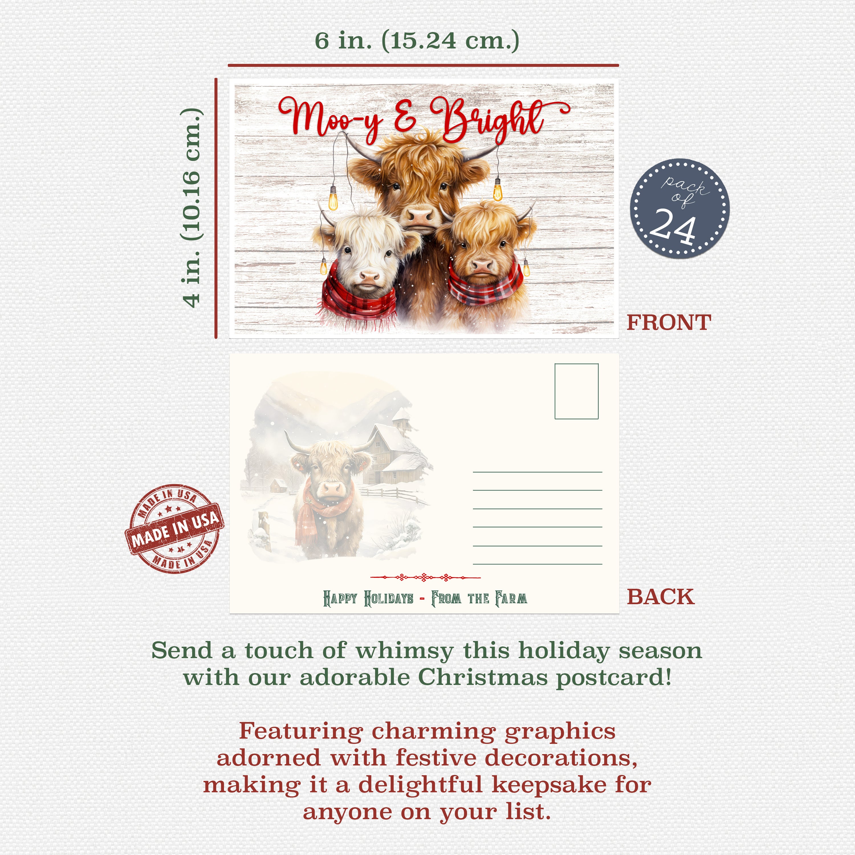 Highland Cow Christmas Postcards Bulk Set of 24 — Farmhouse Holiday Postcards for Mailing