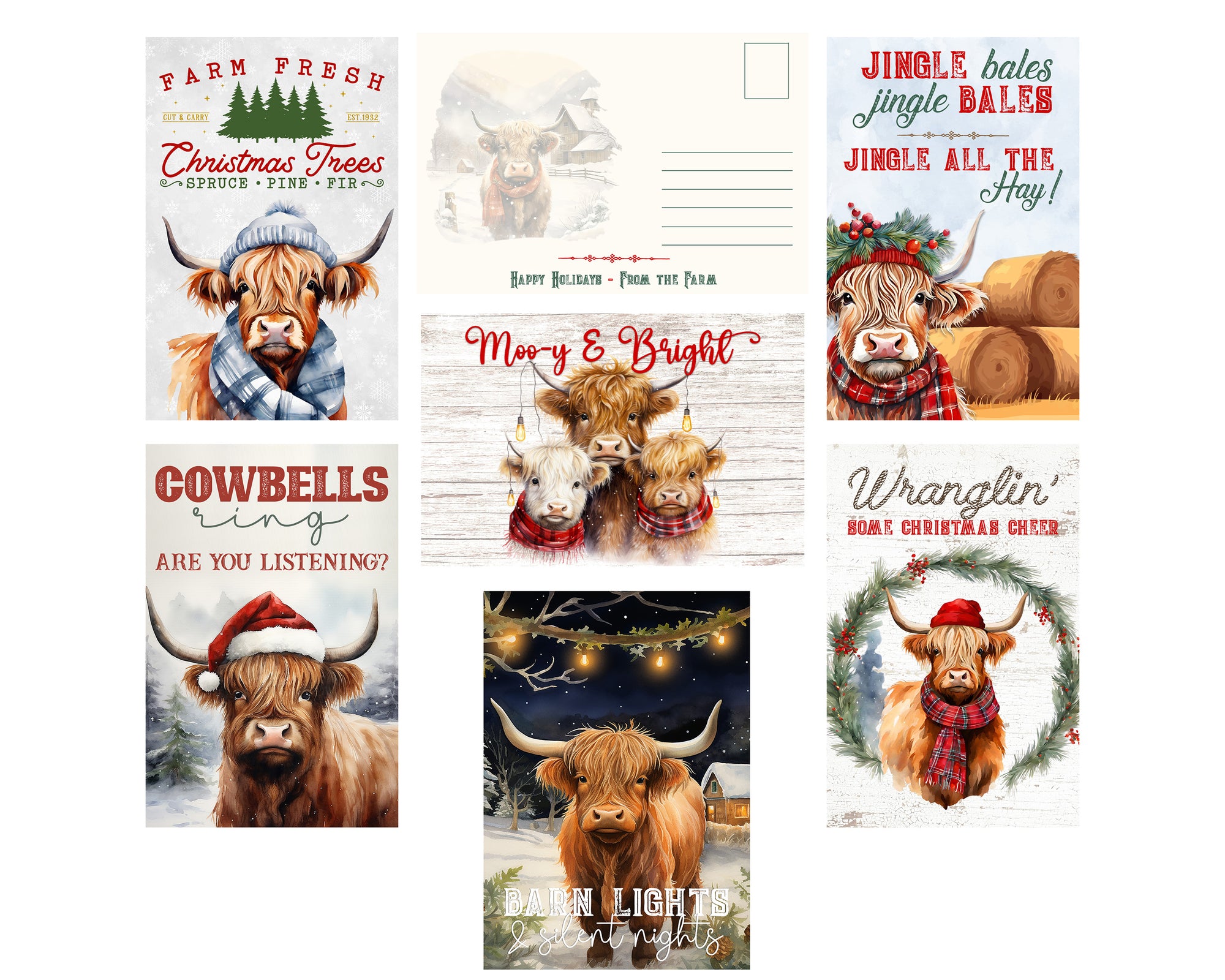 Set of Christmas-themed postcards featuring Highland cows with holiday messages.