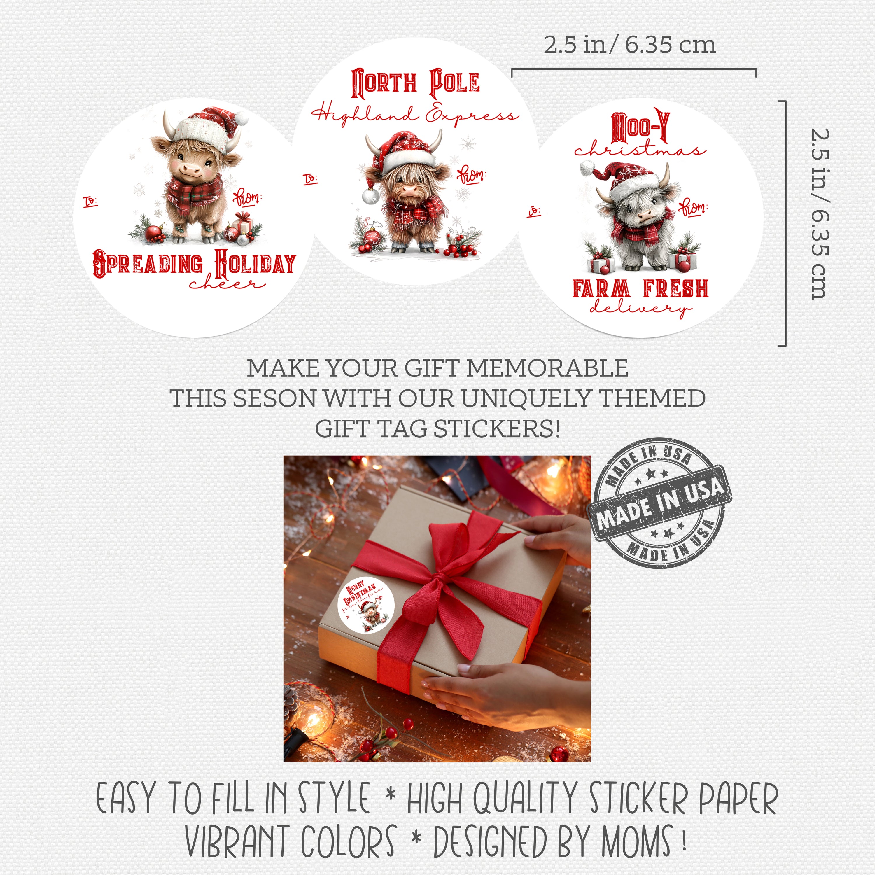 Cute Highland Cow Holiday Gift Labels — Self Adhesive Christmas Present Tag Stickers 24 Pack
