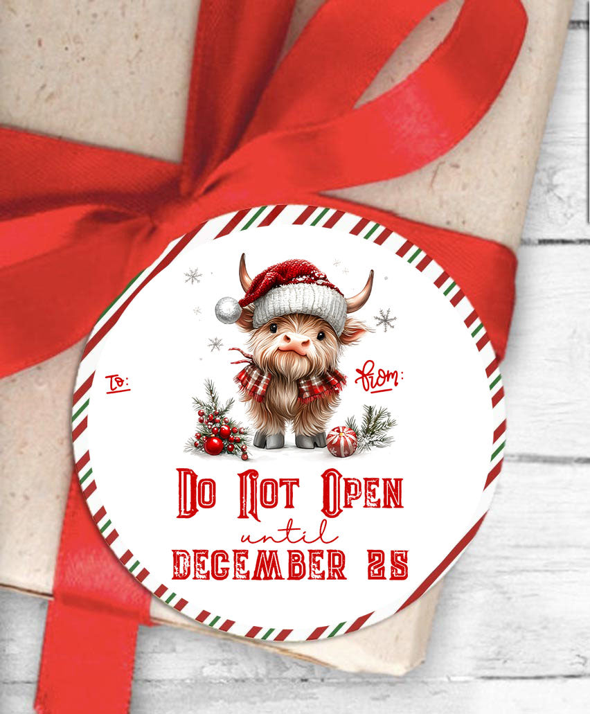 Highland Express Cow Holiday Themed Gift Tag Sticker Labels for Presents Pull Stick Labels (24 Included) Multipack Bulk Self Adhesive