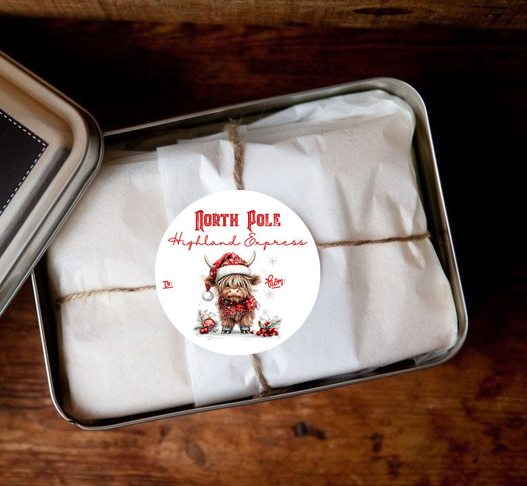 Cute Highland Cow Holiday Gift Labels — Self Adhesive Christmas Present Tag Stickers 24 Pack