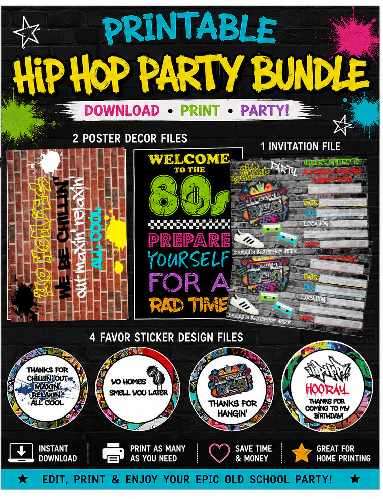 Promotional graphic for a printable Hip Hop Party Bundle, showing example designs for poster decor, an invitation, and sticker files on a black chalkboard-style background with colorful text and paint splatter accents.