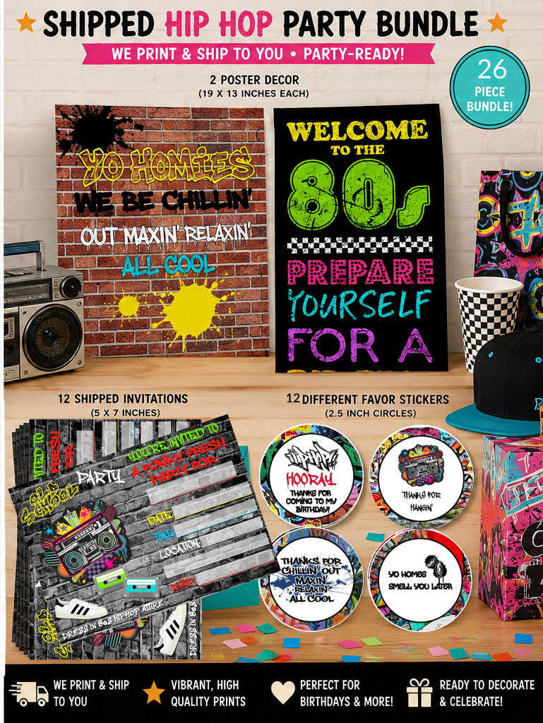 A promotional collage for a 'Shipped Hip Hop Party Bundle' showing multiple printed party decoration items laid out on a wooden surface, including a brick-pattern poster, a black 'Welcome to the 80s' sign, invitations, favor stickers, a cup, a hat, and a decorated box. Text overlays describe the bundle contents and features.
