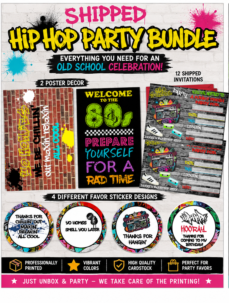 Promotional graphic for a 'Shipped Hip Hop Party Bundle' featuring 2 poster decorations, 12 shipping invitations, and 4 different favor sticker designs, displayed on a colorful graffiti-themed background.