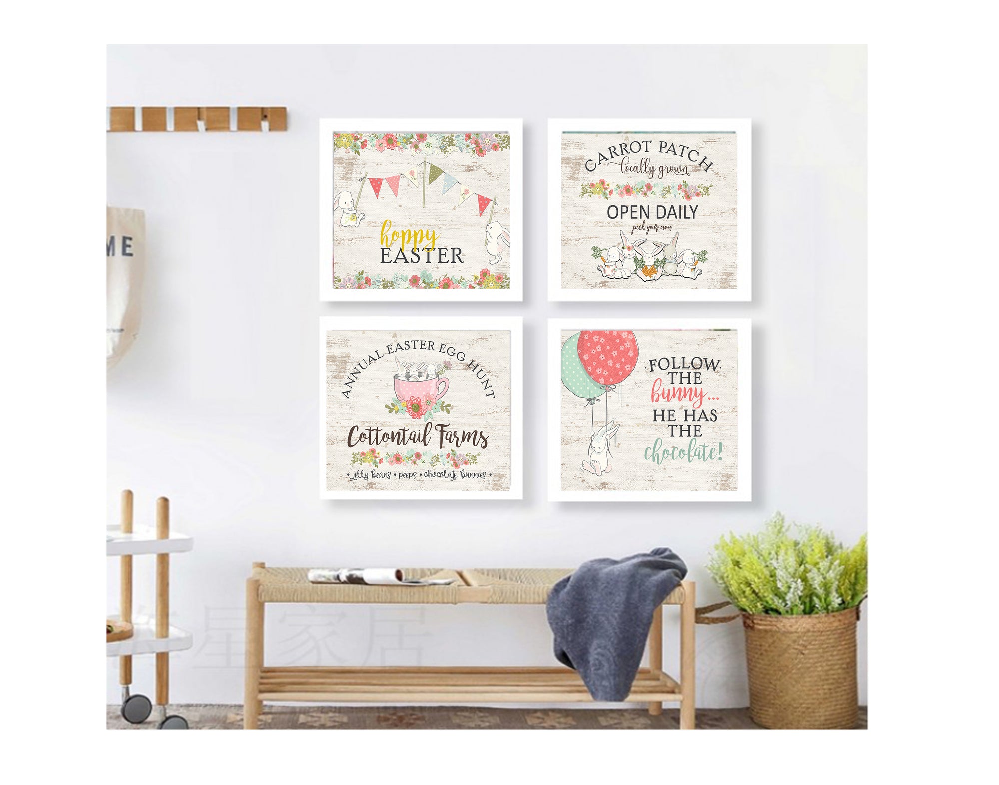 Framed Easter-themed prints on a wall above a wooden bench.