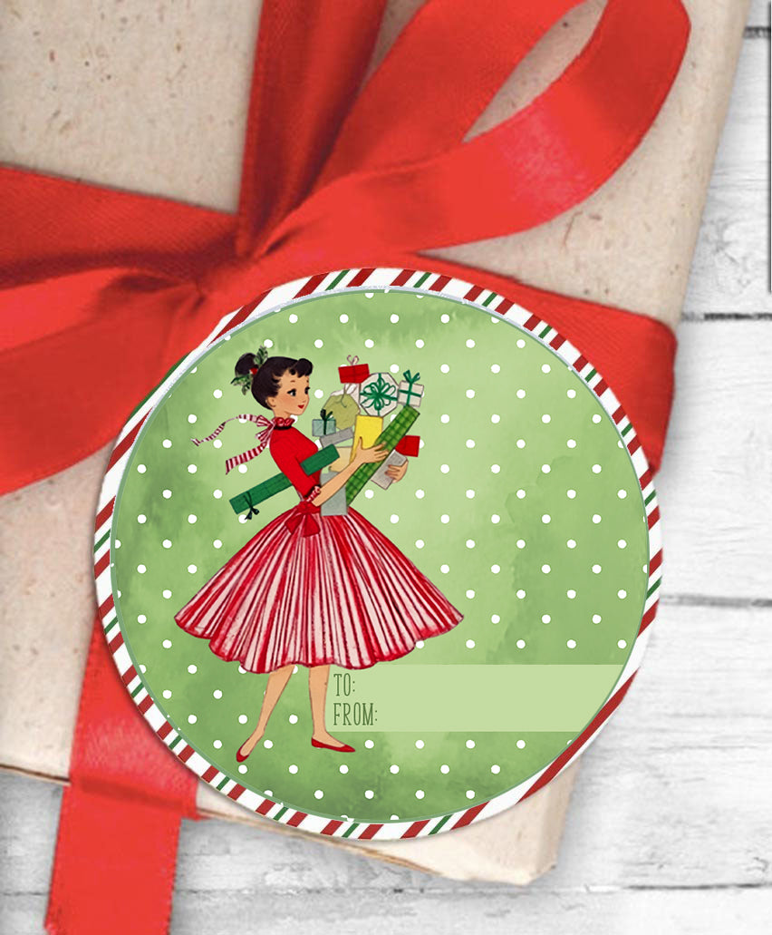 Vintage Housewife Retro Christmas Holiday Themed Gift Tag Sticker Labels for Presents (24 Included) Self Adhesive Wrapping