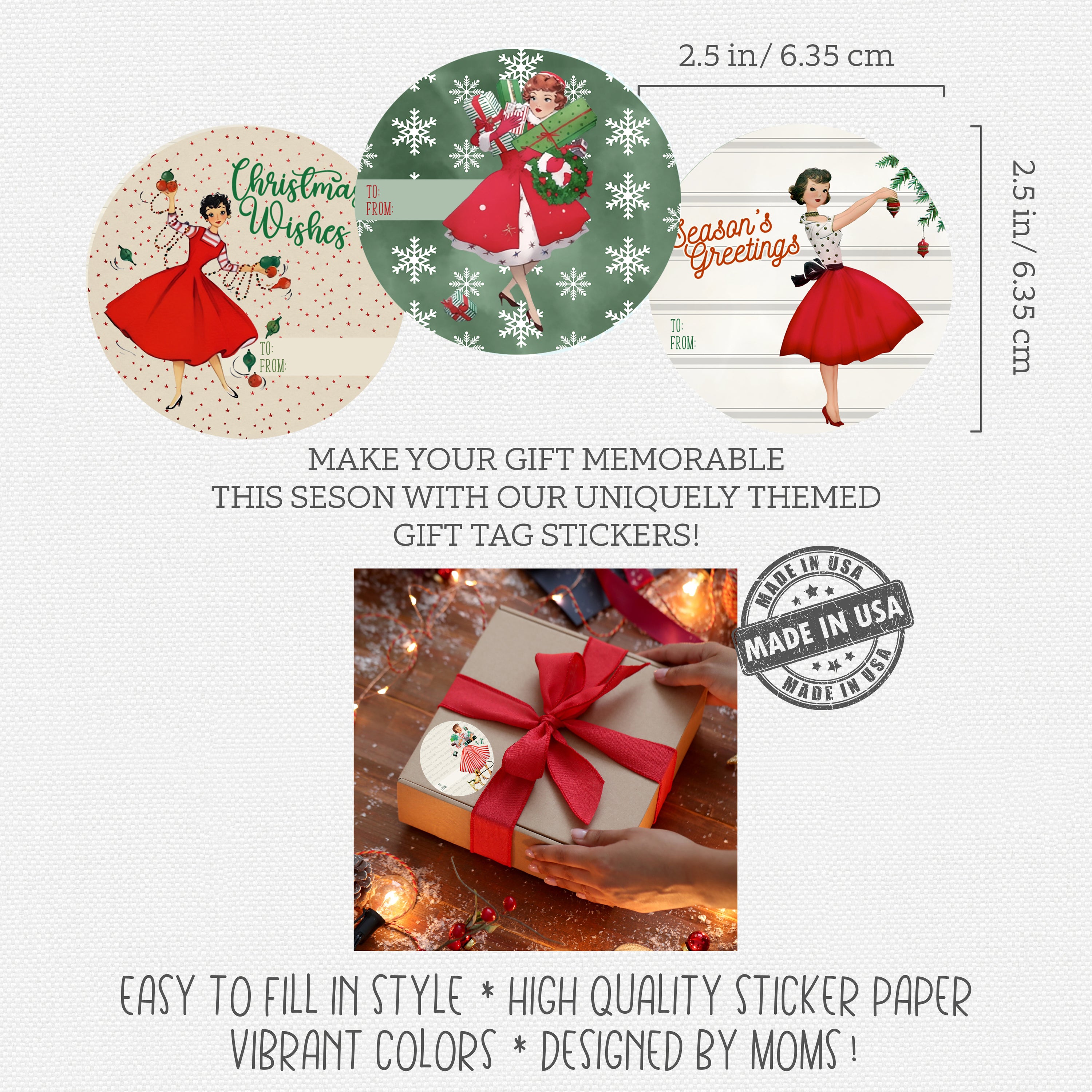 Vintage Housewife Christmas Holiday Gift Tag Sticker Labels Presents (24 Included) Self Adhesive Wrapping