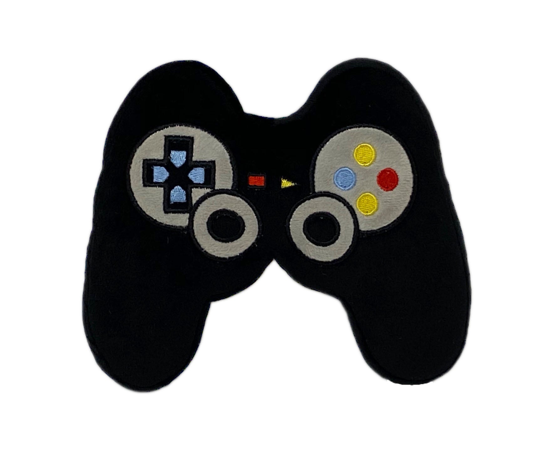 Black plush toy shaped like a gaming controller on a white background