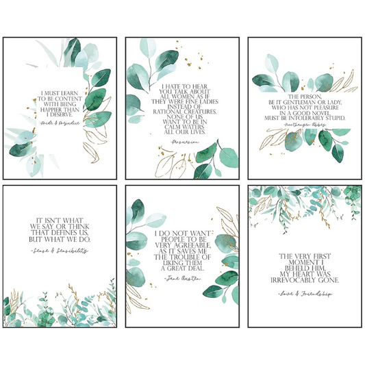 Jane Austen Book Quotes - Themed Wall Art Print Room Decor (Set of 6)