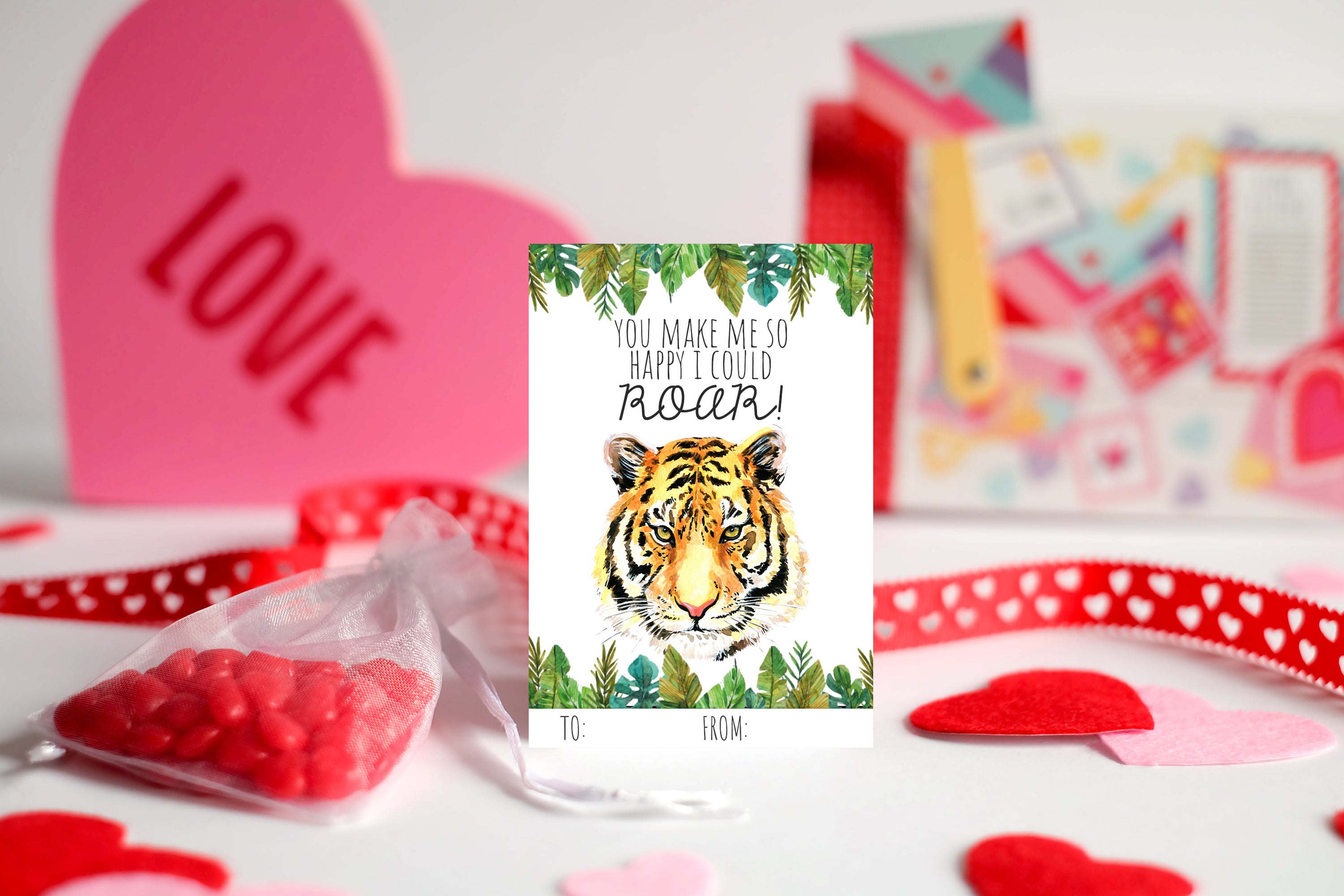 Printable Wild Jungle Cat Themed Valentine's Day Cards 4 Assorted Valentine Design