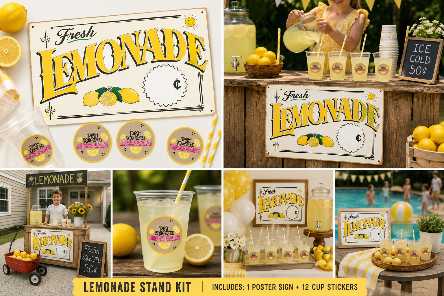 Collage of lemonade stand signs and products with a focus on lemonade and related items.