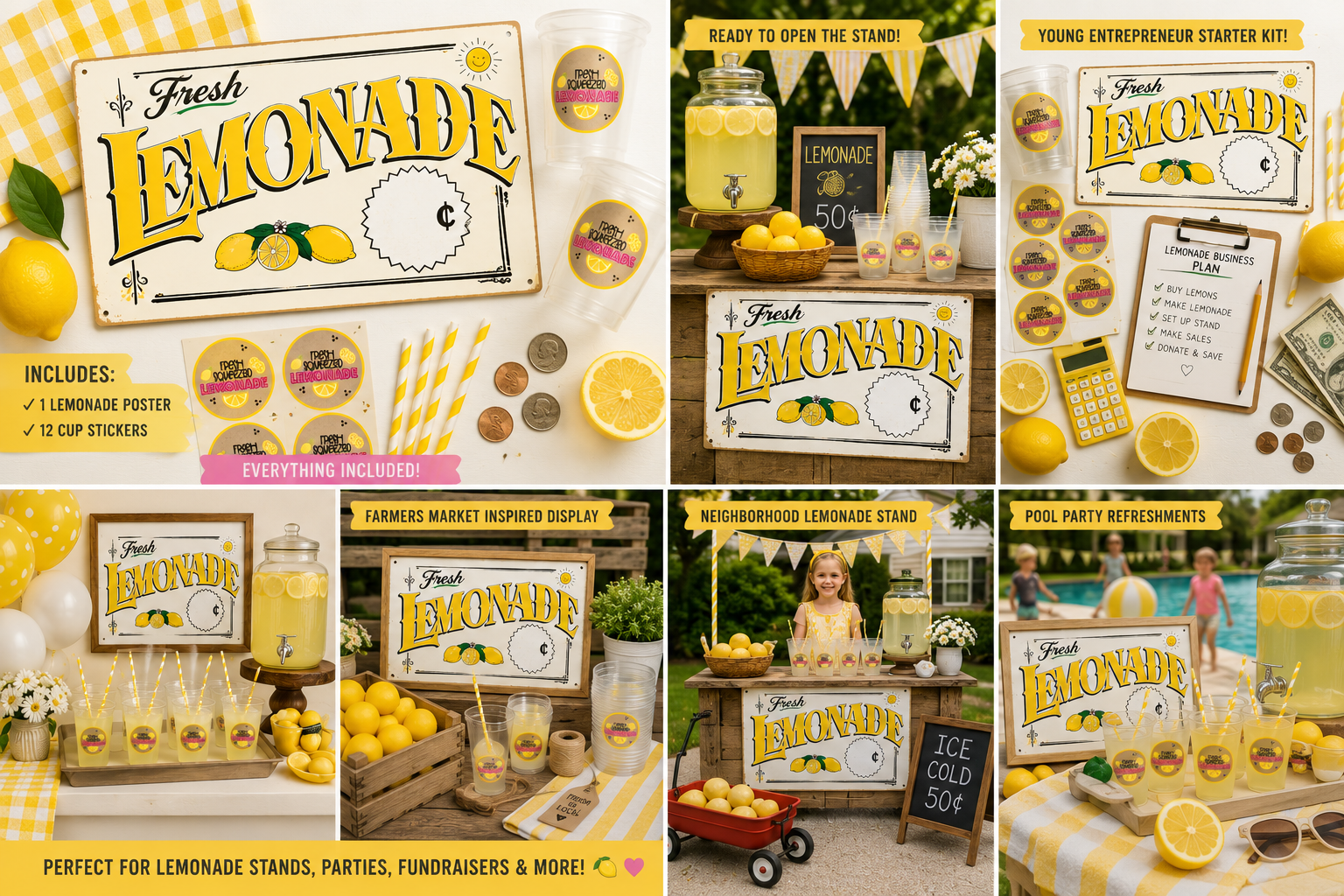 Collage of lemonade stand-themed products and decor including posters, signs, and accessories.