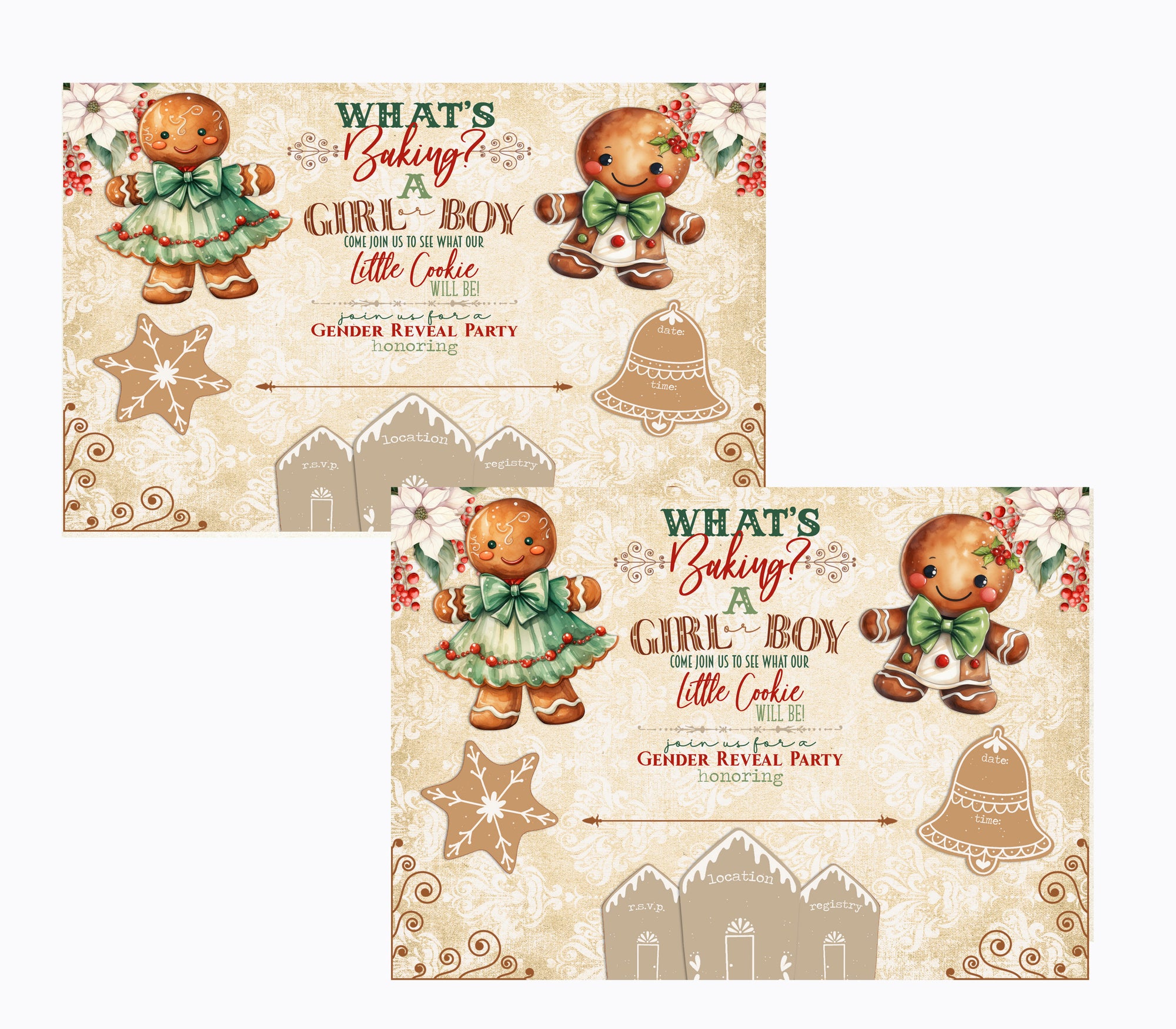 Gender reveal party invitations with gingerbread men and cookies on a beige background