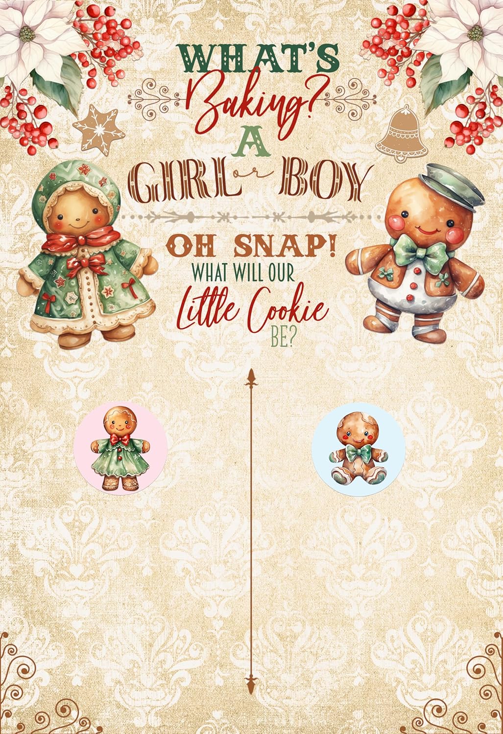 Vintage-style poster with gingerbread people and text about gender reveal, featuring a decorative background.