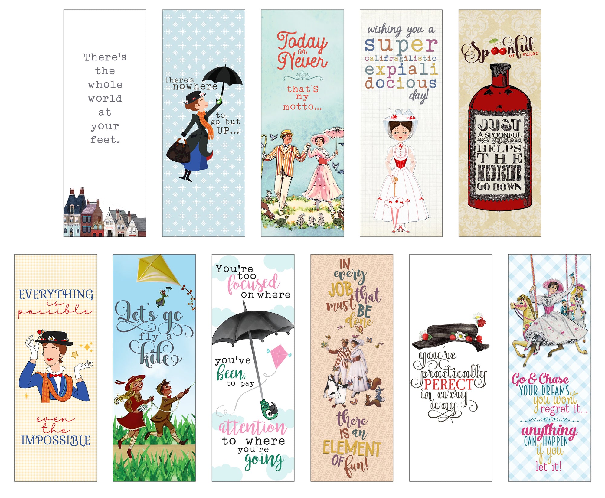 Collection of colorful bookmarks with various designs and text.