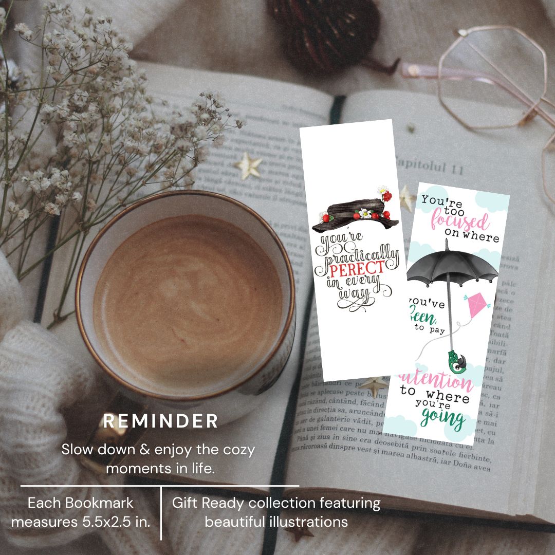 Two bookmarks with illustrations on a book with a cup of coffee and flowers.