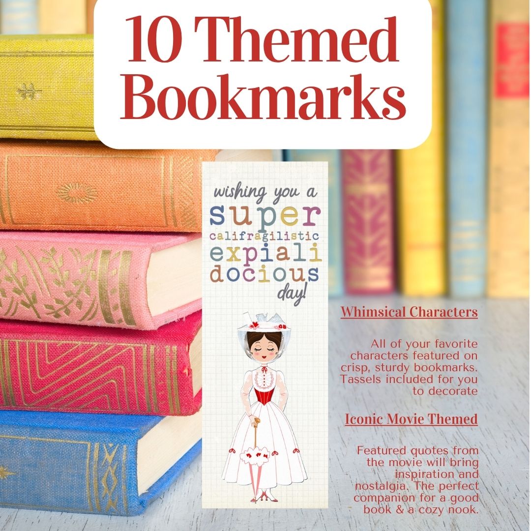 Promotional image for themed bookmarks with colorful books in the background