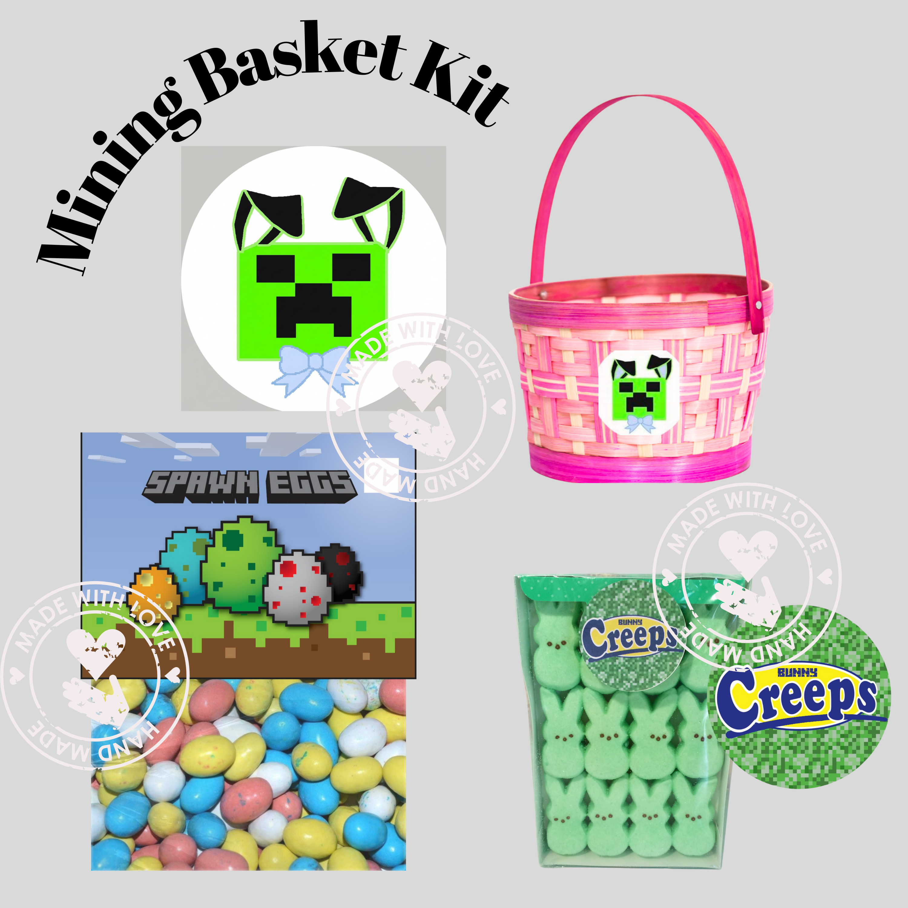 Mine craft-themed mining basket kit with pink bucket, pixelated eggs, and green peeps on a light gray background.